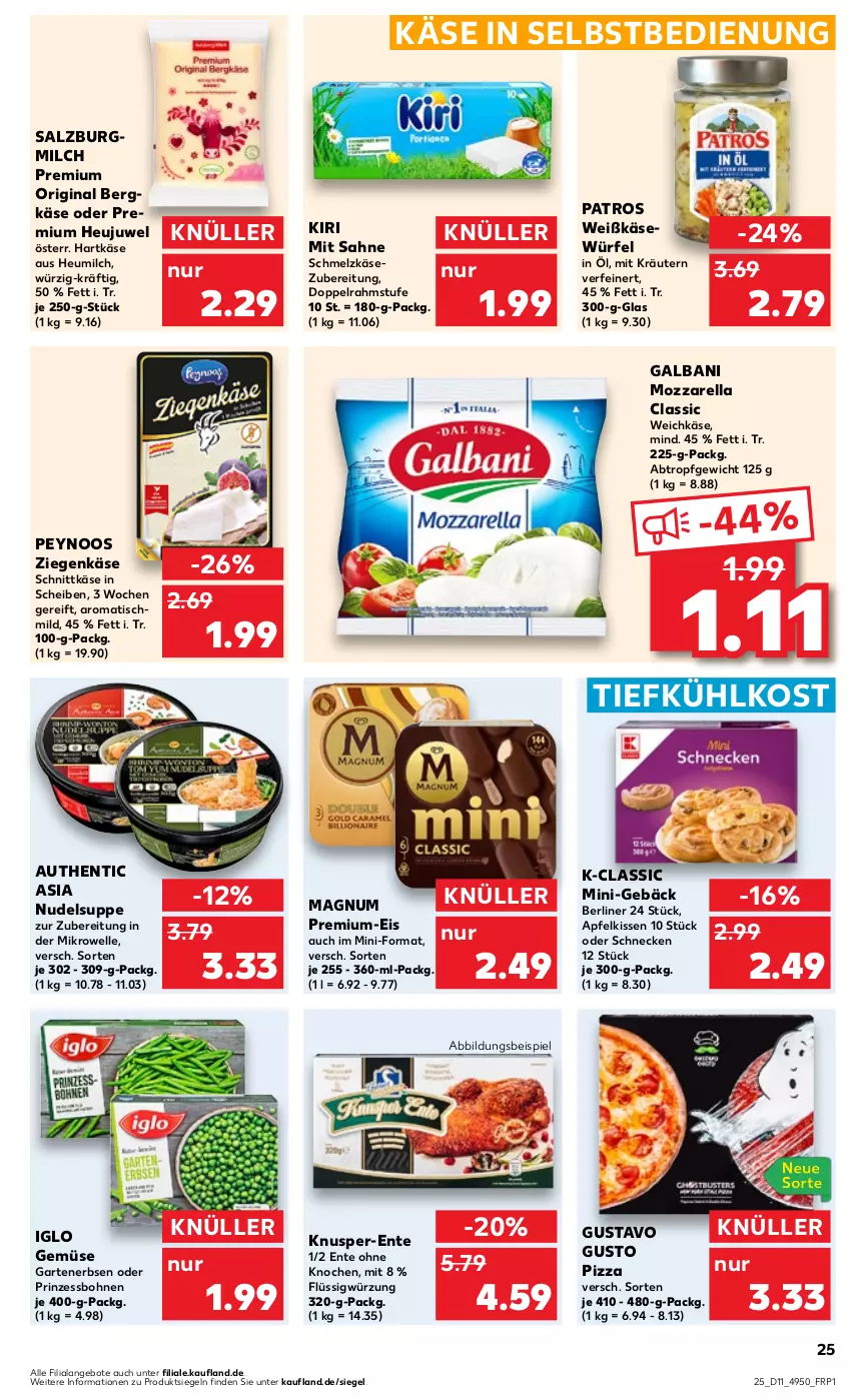 Aktueller Prospekt Kaufland - Prospekt - von 14.03 bis 20.03.2024 - strona 25 - produkty: angebot, angebote, apfel, Bergkäse, berliner, bohne, bohnen, doppelrahmstufe, eis, elle, ente, erbsen, galbani, Garten, gartenerbsen, gin, hartkäse, Heu, Heujuwel, heumilch, iglo, Käse, kiri, kissen, kräuter, kräutern, magnum, mikrowelle, milch, mozzarella, nudel, patros, pizza, prinzessbohnen, rel, sahne, salz, SalzburgMilch, Schmelzkäse, schmelzkäsezubereitung, schnittkäse, suppe, Ti, tiefkühlkost, tisch, weichkäse, würfel, ziegenkäse