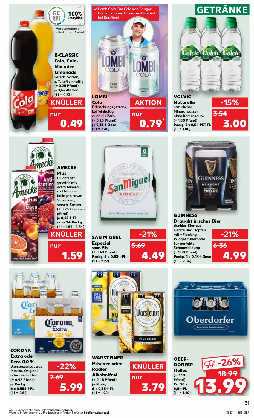 Aktueller Prospekt Kaufland - Prospekt - von 14.03 bis 20.03.2024 - strona 31 - produkty: alkohol, Alwa, amecke, angebot, angebote, bier, cola, corona, corona extra, decke, Deckel, elle, erfrischungsgetränk, flasche, frucht, fruchtsaft, getränk, getränke, gin, Guinness, Kollagen, limo, limonade, mineralwasser, natur, natürliches mineralwasser, oder radler, pils, pilsener, radler, rel, saft, Spezi, steiner, Ti, vita, Vitamine, volvic, warsteiner, wasser