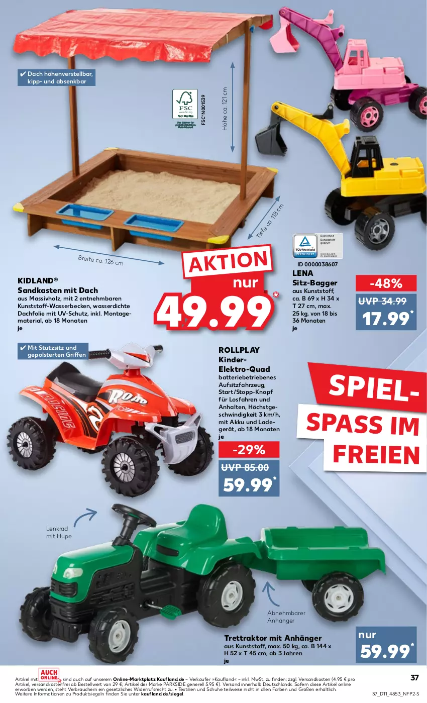 Aktueller Prospekt Kaufland - Prospekt - von 14.03 bis 20.03.2024 - strona 37 - produkty: akku, Anhänger, batterie, Brei, eis, Elektro, erde, Holz, Kinder, ladegerät, massivholz, ndk, Parkside, quad, Rauch, rel, Ria, Sandkasten, schuhe, Ti, uv-schutz, versandkostenfrei, wasser