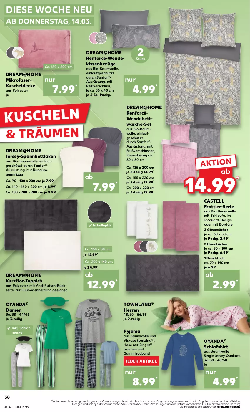 Aktueller Prospekt Kaufland - Prospekt - von 14.03 bis 20.03.2024 - strona 38 - produkty: angebot, angebote, Bau, baumwolle, bett, bettwäsche, bio, bio-baumwolle, decke, duschtuch, Gästetücher, handtücher, hose, kissen, Kissenbezug, kuscheldecke, lenzing, Maske, mikrofaser, Pyjama, shirt, spannbettlaken, Tasche, taschen, teppich, Ti, tuc, tücher, wendebettwäsche, wolle, ZTE