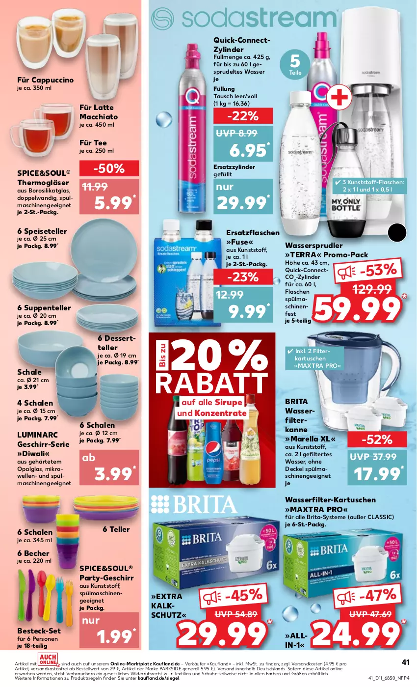 Aktueller Prospekt Kaufland - Prospekt - von 14.03 bis 20.03.2024 - strona 41 - produkty: ACC, Becher, besteck, besteck-set, brita, Cap, cappuccino, chia, cin, decke, Deckel, dessert, Dessertteller, eis, elle, ente, erde, filterkartuschen, flasche, geschirr, Gläser, latte, latte macchiato, LG, mac, macchiato, Maxtra, mikrowelle, ndk, Parkside, Rauch, rel, Schal, Schale, schuhe, sirup, Speiseteller, Sprudel, spülmaschinen, suppe, suppen, tee, teller, Thermogläser, Ti, versandkostenfrei, wasser, wasserfilter, wassersprudler