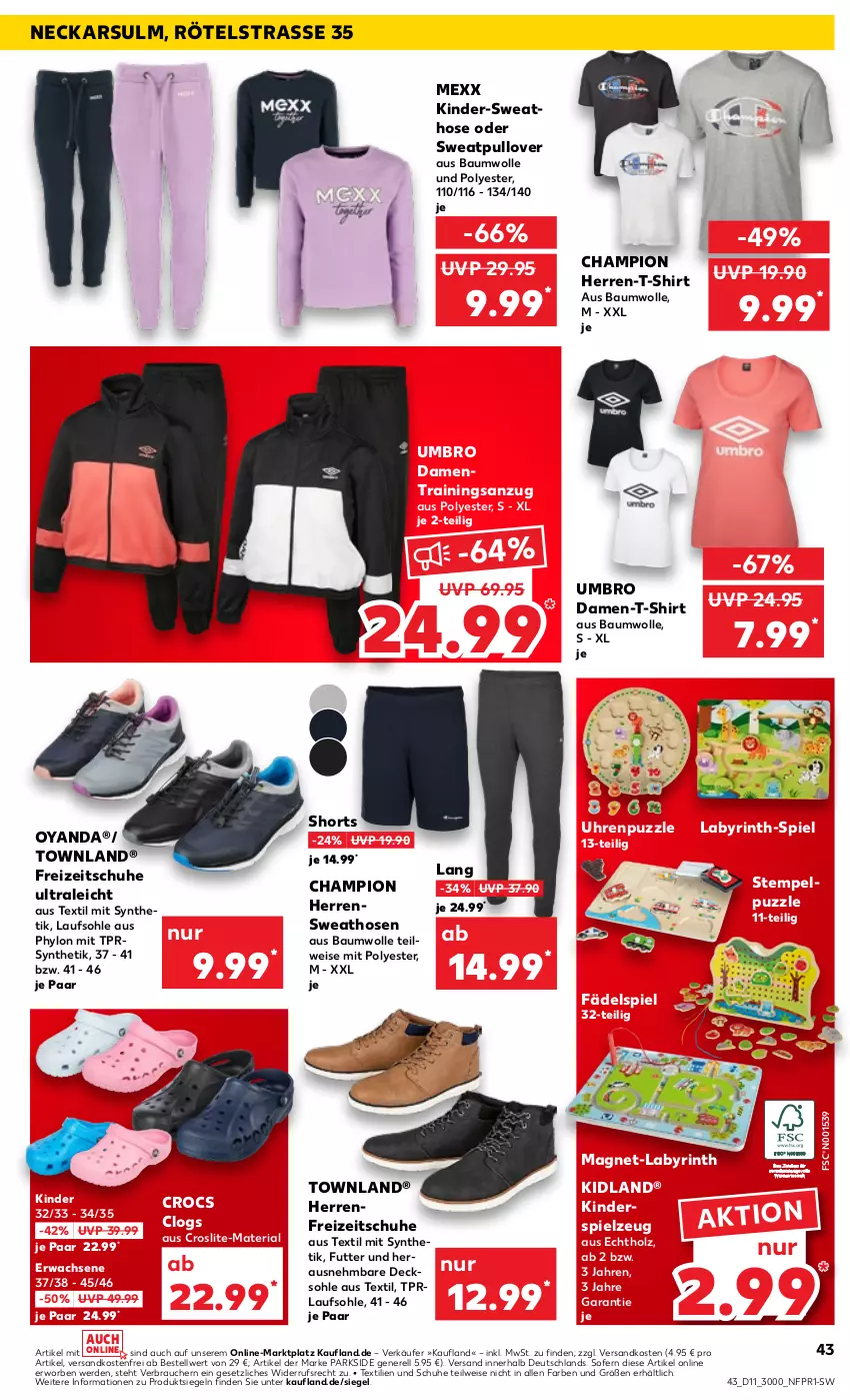 Aktueller Prospekt Kaufland - Prospekt - von 14.03 bis 20.03.2024 - strona 43 - produkty: Anzug, Bau, baumwolle, champion, Clogs, decksohle, eis, erde, Freizeitschuhe, herren-t-shirt, Holz, hose, hosen, Hylo, Kinder, Kinderspiel, Mexx, ndk, Parkside, Pullover, Puzzle, Rauch, rel, Ria, schuhe, shirt, shorts, spielzeug, Sweathose, T-Shirt, Ti, trainingsanzug, uhr, Umbro, versandkostenfrei, wolle