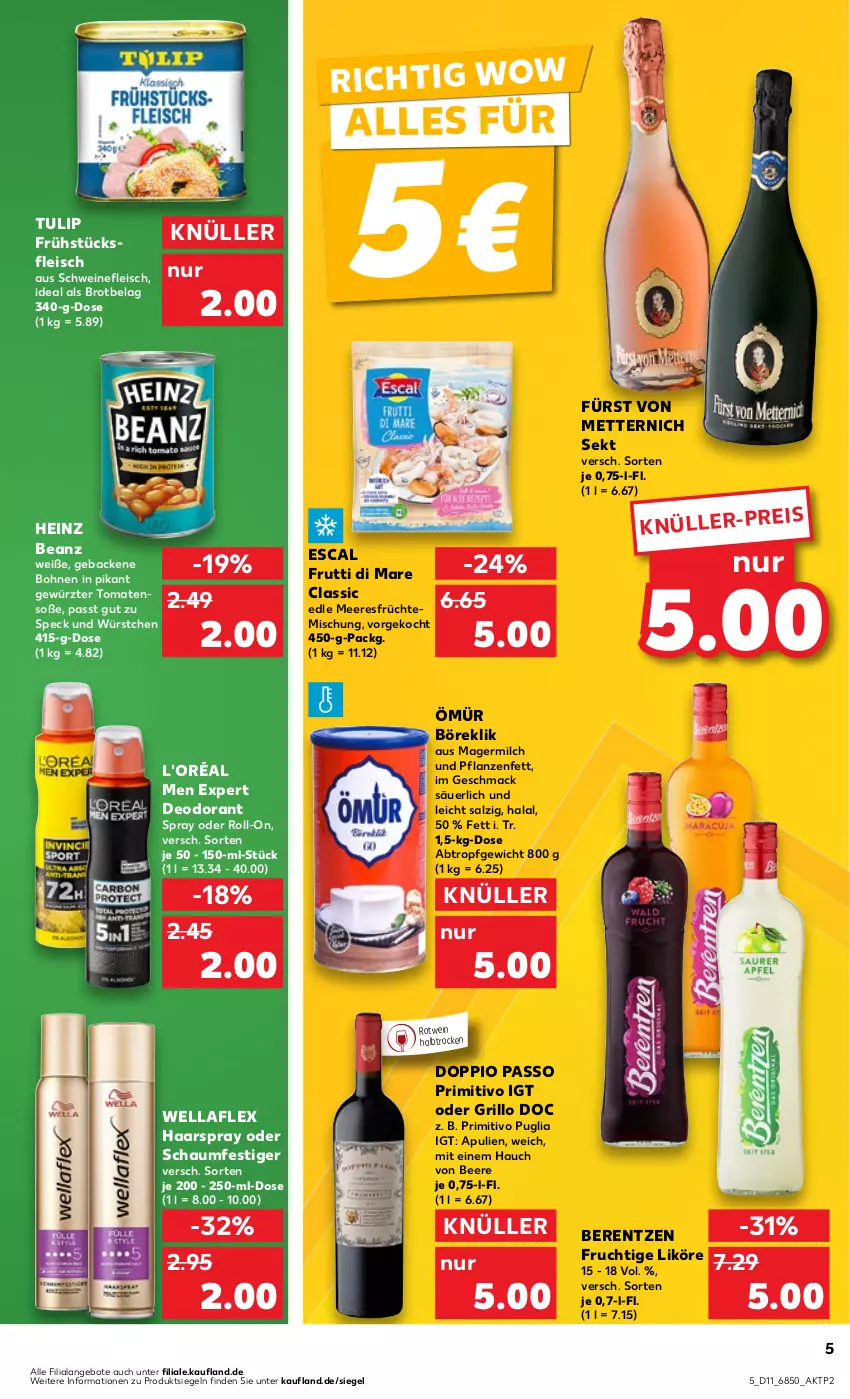 Aktueller Prospekt Kaufland - Prospekt - von 14.03 bis 20.03.2024 - strona 5 - produkty: angebot, angebote, beanz, beere, berentzen, bohne, bohnen, brot, deo, deodorant, doppio passo, eis, escal, fleisch, frucht, früchte, frühstücksfleisch, frutti di mare, fürst von metternich, geback, Germ, gewürz, grill, grillo, haarspray, heinz, likör, mac, meeresfrüchte, Mett, metternich, milch, oder schaumfestiger, passo, pflanze, pflanzen, Pflanzenfett, primitivo, roll-on, rotwein, salz, schaumfestiger, schwein, schweine, schweinefleisch, sekt, Soße, Speck, Ti, tomate, tomaten, tulip, wein, weine, Wella, wellaflex, würstchen, ZTE