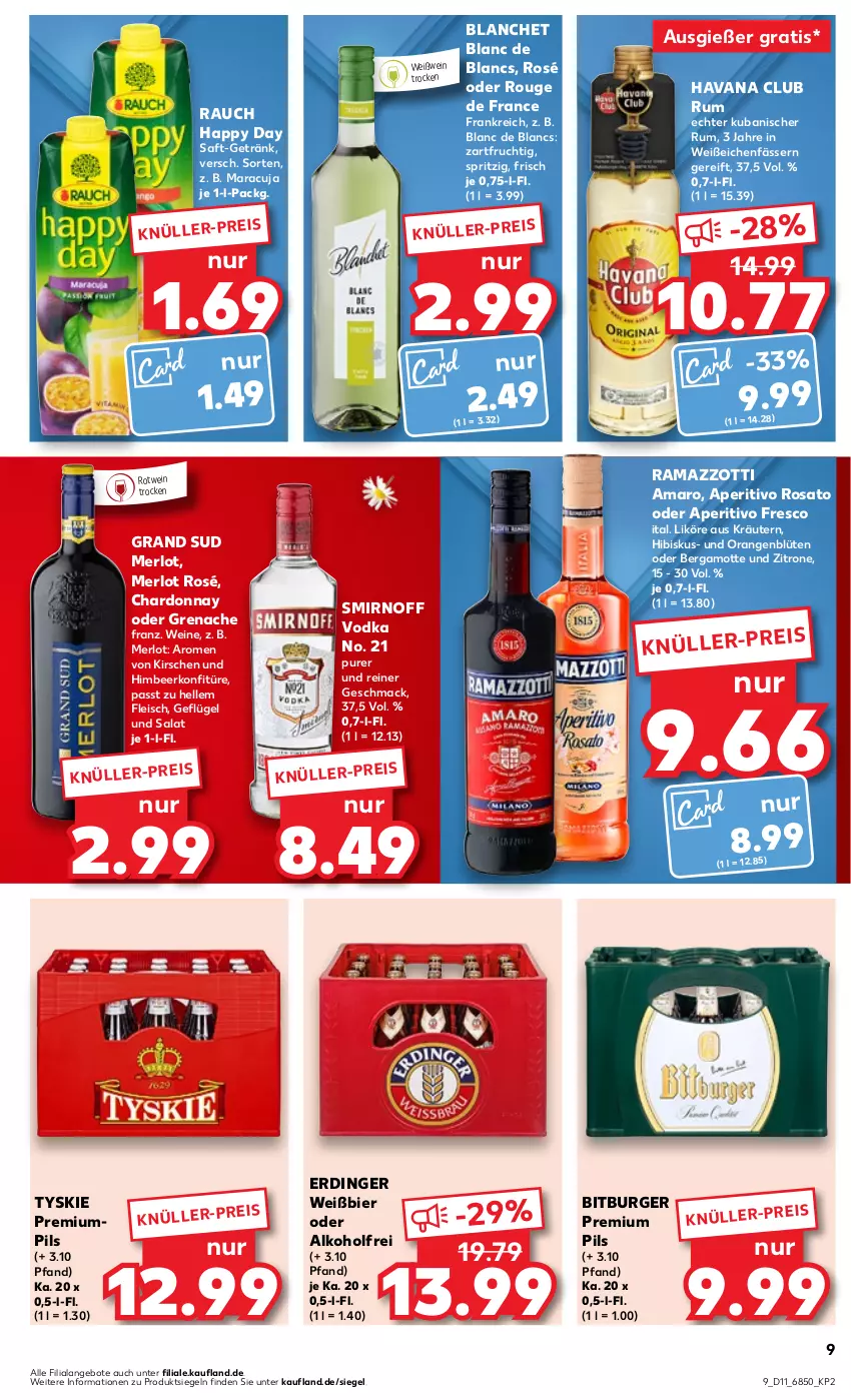 Aktueller Prospekt Kaufland - Prospekt - von 14.03 bis 20.03.2024 - strona 9 - produkty: alkohol, amaro, angebot, angebote, aperitivo rosato, Bergamotte, bier, bitburger, Blüte, burger, chardonnay, de blancs, eis, elle, erdinger, fleisch, frucht, Geflügel, getränk, grand sud, Happy Day, Havana Club, himbeer, kirsch, kirsche, kirschen, konfitüre, kräuter, kräutern, likör, mac, maracuja, merl, merlot, orange, orangen, pils, premium pils, rama, ramazzott, ramazzotti, Rauch, rosato, rotwein, rouge, rum, saft, salat, smirnoff, Ti, tyskie, vodka, wein, weine, Weißwein, zitrone, zott