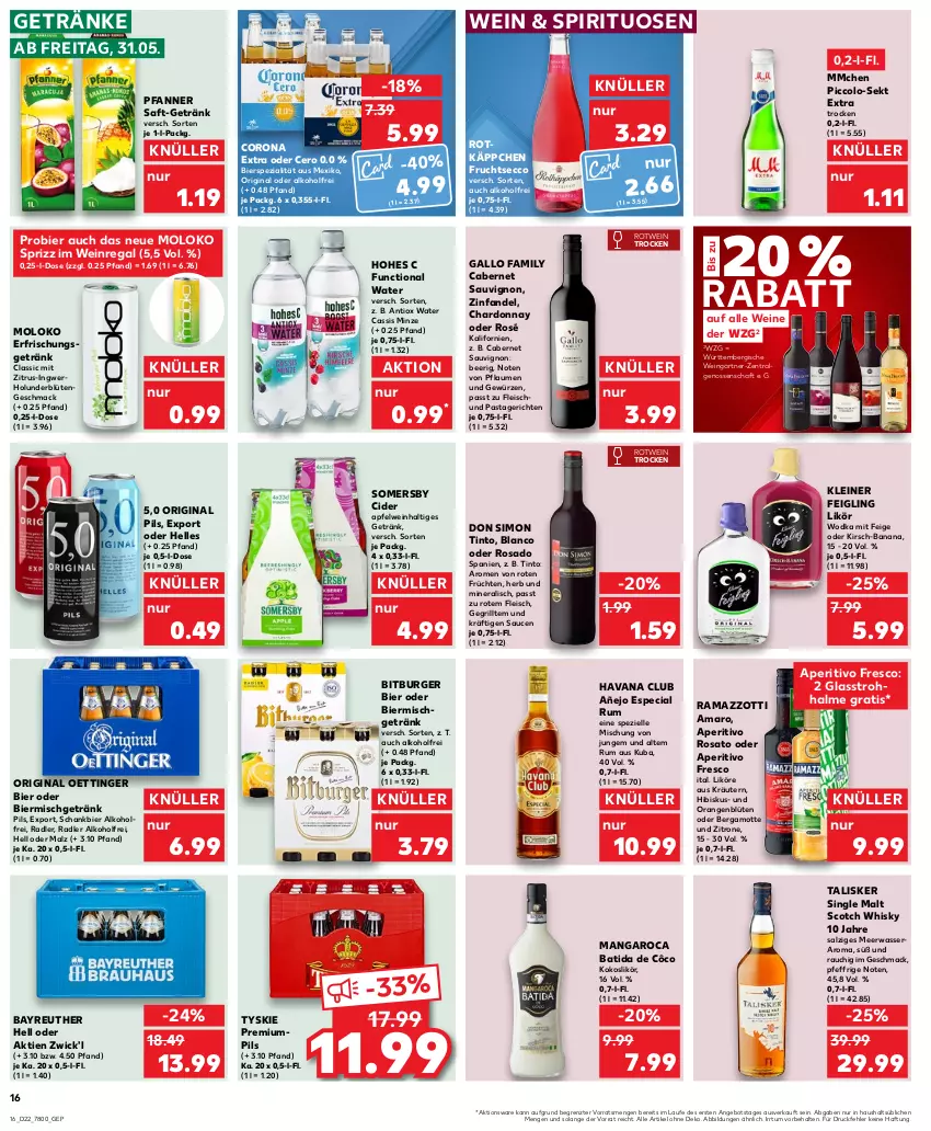 Aktueller Prospekt Kaufland - Prospekt - von 30.05 bis 05.06.2024 - strona 16 - produkty: alkohol, amaro, angebot, aperitivo rosato, apfel, apfelwein, batida, batida de côco, Bergamotte, bier, bitburger, Blüte, burger, cabernet, cabernet sauvignon, cassis, chardonnay, cider, corona, corona extra, ecco, eis, elle, erfrischungsgetränk, fleisch, frucht, früchte, früchten, fruchtsecco, gallo, gallo family, getränk, getränke, gewürz, gin, grill, Havana Club, Hohes C, holunder, holunderblüte, ingwer, kirsch, kleiner feigling, kokos, kräuter, kräutern, leine, LG, likör, mac, malz, mangaroca, Meerwasser, minze, oettinger, orange, orangen, pasta, Pastagericht, pfanne, Pfanner, pflaume, pflaumen, pils, radler, rama, ramazzott, ramazzotti, Rauch, regal, rosato, rotkäppchen, rotwein, rum, saft, salz, sauce, saucen, sauvignon, Schankbier, scotch, scotch whisky, sekt, sim, single malt, somersby, Spezi, spirituosen, Sprizz, Ti, tyskie, wasser, wein, weine, whisky, WICK, wodka, zitrone, zott, ZTE