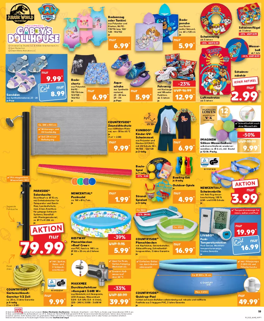 Aktueller Prospekt Kaufland - Prospekt - von 30.05 bis 05.06.2024 - strona 19 - produkty: Anzug, aqua, Bad, badeanzug, badeshorts, ball, Bau, baumwolle, bestway, beutel, Brille, dusche, edelstahl, Einhebelmischer, eis, elle, ente, erde, garnitur, Garten, gartenschlauch, getränk, getränke, getränkehalter, gin, Kinder, kopfstütze, luftmatratze, matratze, ndk, nudel, Parkside, planschbecken, pool, Rauch, rel, Ria, ring, rwe, sandale, sandalen, schlauch, schuhe, Schwimmbrille, Schwimmflügel, schwimmring, shorts, Spiele, Strandspiel, Ti, uv-schutz, versandkostenfrei, wasser, Wasserball, Wasserballons, wassertank, wolle