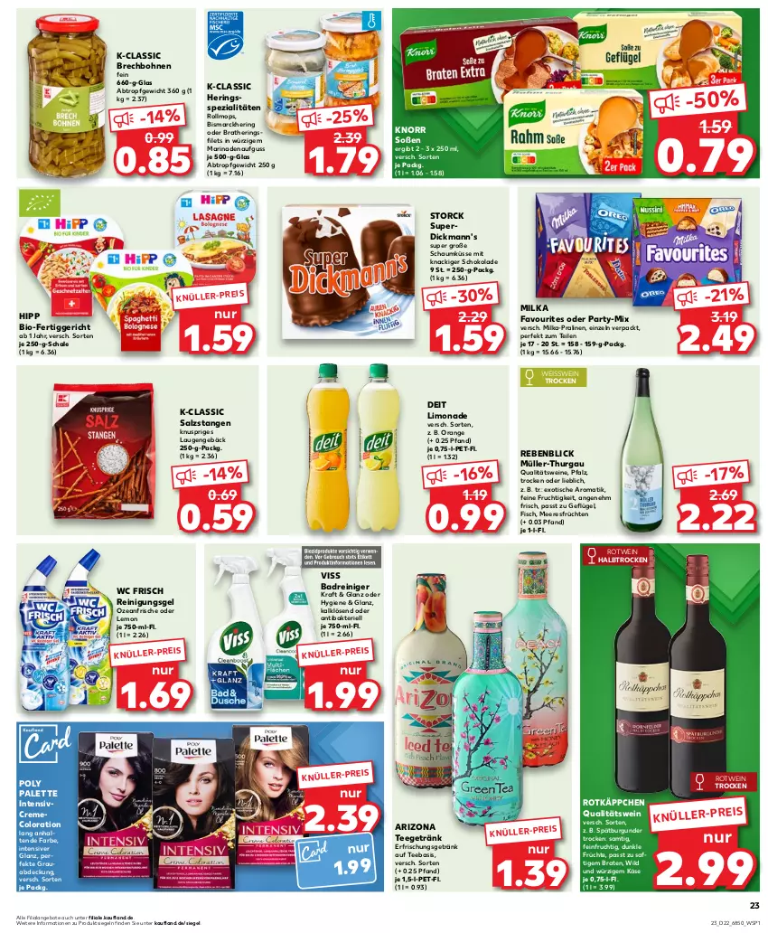 Aktueller Prospekt Kaufland - Prospekt - von 30.05 bis 05.06.2024 - strona 23 - produkty: angebot, angebote, Bad, bio, bismarck, bohne, bohnen, braten, burgunder, creme, deit, Dickmann's, eis, erfrischungsgetränk, fertiggericht, filet, filets, fisch, frucht, früchte, früchten, Geflügel, getränk, hering, Herings, heringsfilets, hipp, Käse, knorr, kraft, limo, limonade, marinade, meeresfrüchte, milka, Müller, Müller-Thurgau, orange, Palette, pralinen, qualitätswein, qualitätsweine, reiniger, Reinigung, Reinigungsgel, ring, rotkäppchen, rotwein, saft, salz, Salzstange, Salzstangen, Schal, Schale, schoko, schokolade, Soße, spätburgunder, Spezi, storck, tee, Ti, tisch, wc frisch, wein, weine, Wild