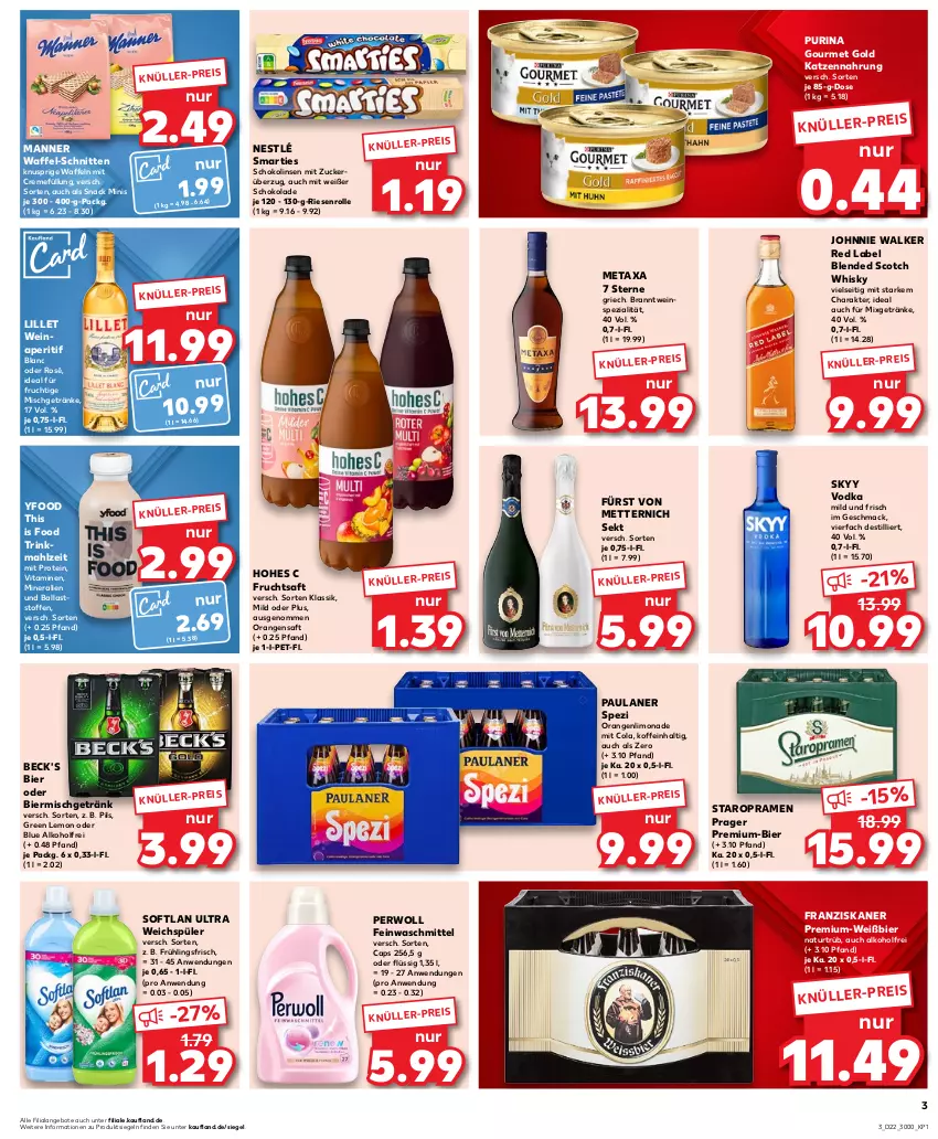 Aktueller Prospekt Kaufland - Prospekt - von 30.05 bis 05.06.2024 - strona 3 - produkty: alkohol, angebot, angebote, aperitif, ball, beck's, bier, blended scotch, blended scotch whisky, Cap, cola, creme, eis, feinwaschmittel, franziskaner, frucht, fruchtsaft, fürst von metternich, getränk, getränke, gourmet gold, Hohes C, johnnie walker, katzennahrung, lillet, limo, limonade, linsen, mac, Manner, Metaxa, Mett, metternich, Mixgetränk, natur, nestlé, orange, orangen, orangensaft, Paula, paulaner, perwoll, pils, purina, saft, schnitten, schoko, schokolade, Schokolinsen, scotch, scotch whisky, sekt, skyy, Skyy Vodka, smarties, snack, Softlan, Spezi, Staropramen, Ti, vita, Vitamine, vodka, waffeln, waschmittel, weichspüler, wein, whisky, zucker