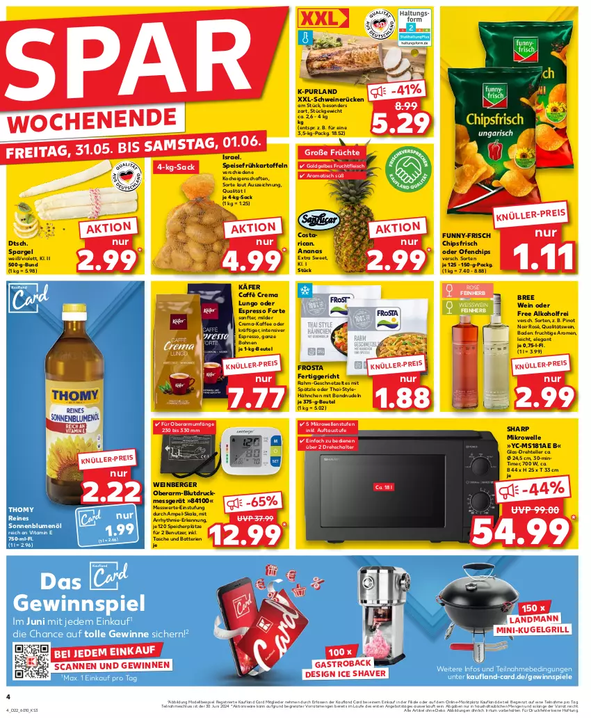 Aktueller Prospekt Kaufland - Prospekt - von 30.05 bis 05.06.2024 - strona 4 - produkty: alkohol, ananas, angebot, aust, Bad, batterie, batterien, Berger, beutel, blume, blumen, blumenöl, Blutdruckmessgerät, bohne, bohnen, bree, caffè crema, chips, chipsfrisch, dell, eis, elle, espresso, fertiggericht, fleisch, frosta, frucht, früchte, fruchtfleisch, Frühkartoffeln, funny-frisch, gastroback, geschnetzeltes, gewinnspiel, grill, käfer, kaffee, kartoffel, kartoffeln, Kugel, kugelgrill, LG, lungo, mikrowelle, mint, Mode, nudel, nudeln, oder espresso, Ofen, Pinot, pinot noir, purland, qualitätswein, roba, sac, Schal, schwein, schweine, schweinerücken, Sharp, Shaver, sonnenblume, sonnenblumen, sonnenblumenöl, spargel, speisefrühkartoffeln, Spiele, Tasche, teller, thomy, Ti, timer, tisch, vita, wein, weine, Zelt, ZTE