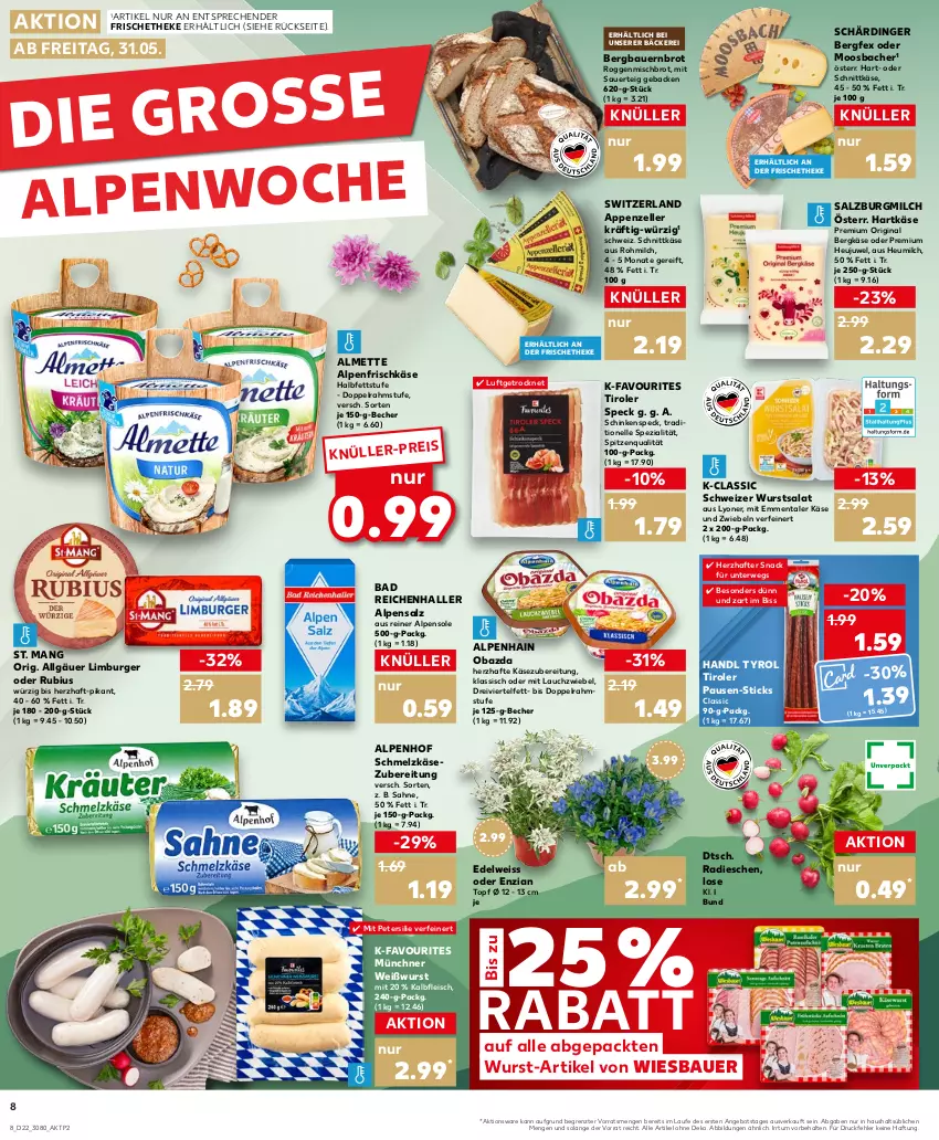 Aktueller Prospekt Kaufland - Prospekt - von 30.05 bis 05.06.2024 - strona 8 - produkty: almette, alpenfrischkäse, Alpenhain, angebot, appenzeller, auer, Bad, Bau, Bauer, Becher, Bergkäse, brot, burger, doppelrahmstufe, Edelweiss, eis, elle, emmentaler, fleisch, frischkäse, geback, gin, hartkäse, Heu, Heujuwel, heumilch, Kalbfleisch, Käse, Lauchzwiebel, LG, Limburger, lyoner, Mett, milch, obazda, petersilie, radieschen, Rubius, rwe, sahne, salat, salz, SalzburgMilch, Schärdinger, schinken, schinkenspeck, Schmelzkäse, schmelzkäsezubereitung, schnittkäse, snack, Speck, Spezi, spitzenqualität, St. Mang, Ti, topf, Weißwurst, wiesbauer, wurst, Yo, ZTE, zwiebel, zwiebeln