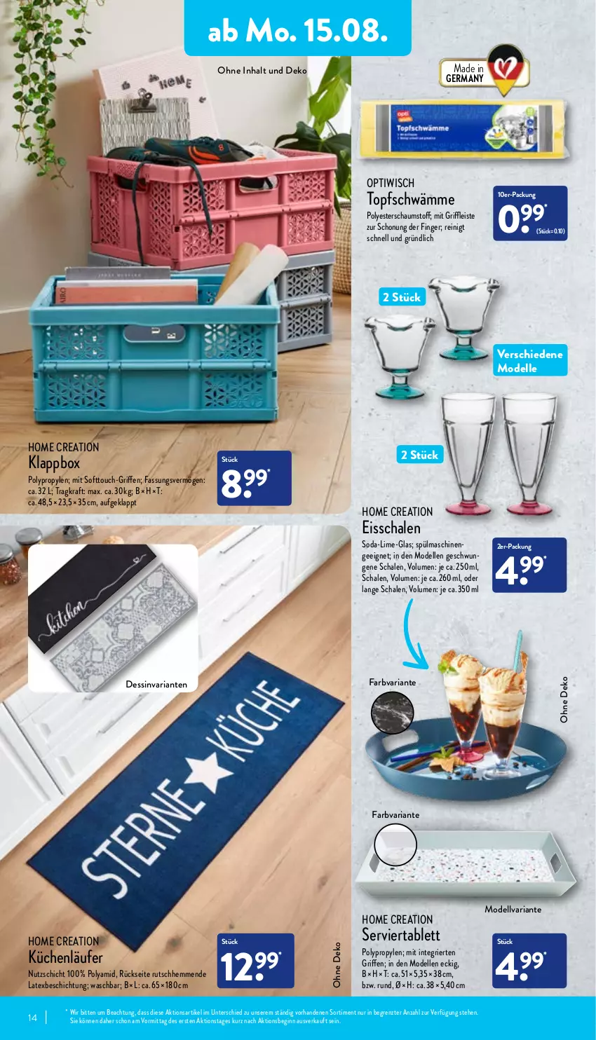 Aktueller Prospekt Aldi Nord - Aldi-Vorschau - von 15.08 bis 20.08.2022 - strona 14 - produkty: dell, eis, elle, Germ, gin, Klappbox, kraft, küche, Küchen, Läufer, Mode, Optiwisch, Ria, Schal, Schale, Serviertablett, Soda, spülmaschinen, tablet, tablett, Ti, topf, ZTE