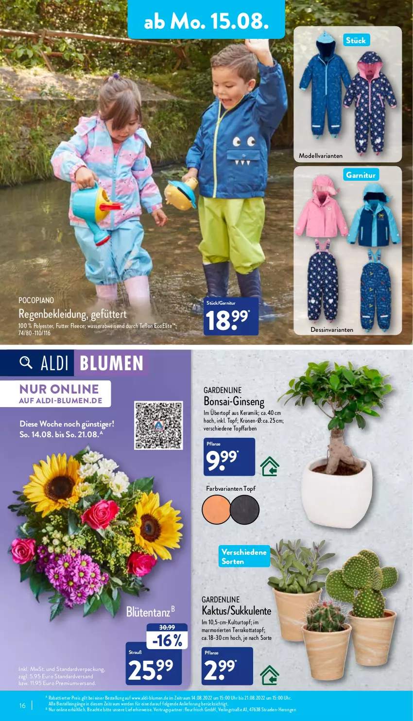 Aktueller Prospekt Aldi Nord - Aldi-Vorschau - von 15.08 bis 20.08.2022 - strona 16 - produkty: aldi, blume, blumen, Blüte, Brei, dell, eis, elle, ente, erde, garnitur, gin, hero, kleid, Kleidung, krone, kulturtopf, LG, Mode, pflanze, pocopiano, reis, Ria, Sukkulente, Ti, topf, übertopf, uhr, wasser