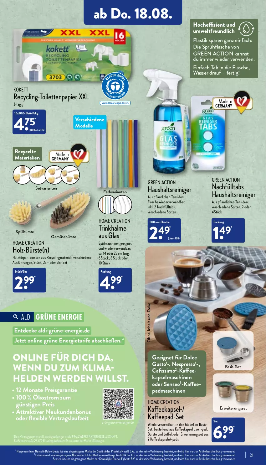 Aktueller Prospekt Aldi Nord - Aldi-Vorschau - von 15.08 bis 20.08.2022 - strona 21 - produkty: aldi, asti, bürste, Cafissimo, Clin, decke, dell, dolce gusto, eis, elle, erde, espresso, flasche, Germ, Holz, kaffee, kaffeekapseln, Kapselmaschine, Löffel, Mode, Nescafé, nespresso, nestlé, papier, recyclingmaterial, reiniger, reis, Ria, ring, rwe, senseo, sim, sprühflasche, spülmaschinen, Tchibo, Ti, toilettenpapier, Trinkhalme, wasser