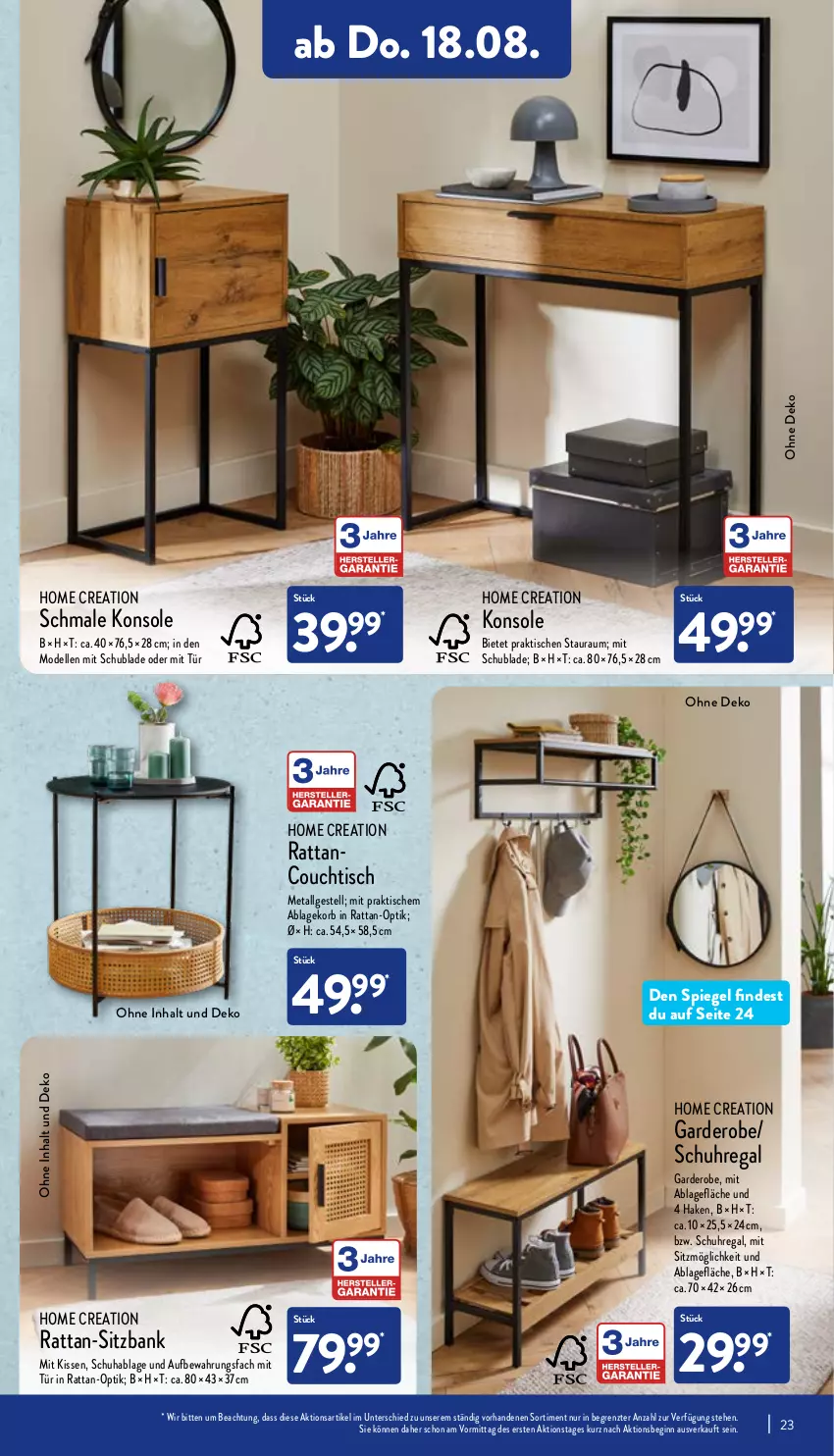 Aktueller Prospekt Aldi Nord - Aldi-Vorschau - von 15.08 bis 20.08.2022 - strona 23 - produkty: Bank, Couch, couchtisch, dell, elle, Garderobe, gin, kissen, korb, LG, Mode, regal, Ria, schuhregal, sitzbank, spiegel, Ti, tisch, uhr, ZTE