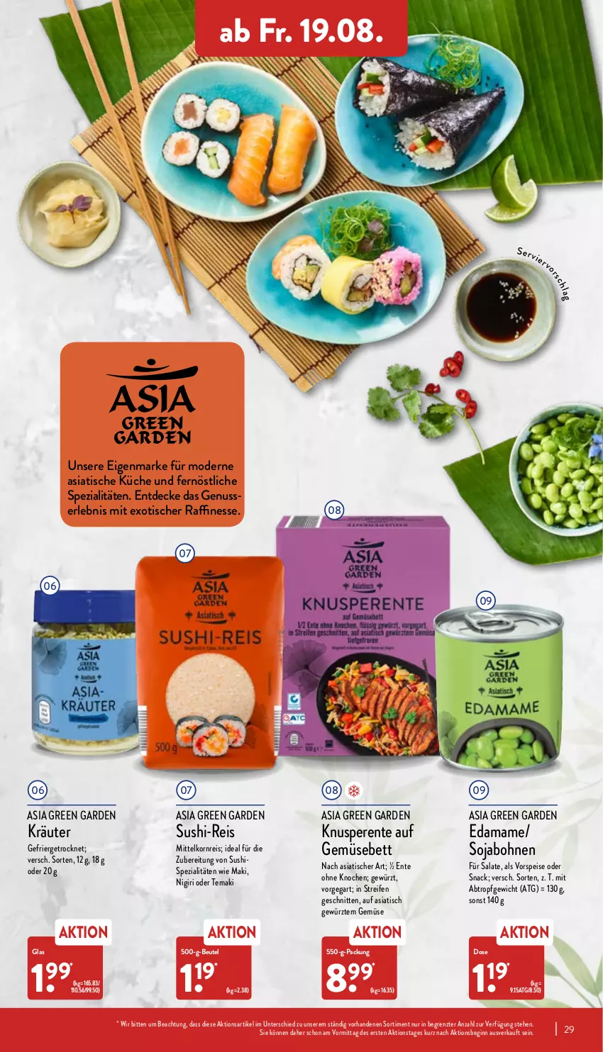 Aktueller Prospekt Aldi Nord - Aldi-Vorschau - von 15.08 bis 20.08.2022 - strona 29 - produkty: Asia Green Garden, bett, beutel, bohne, bohnen, decke, eis, ente, finesse, gewürz, gin, korn, kräuter, küche, mam, Mode, nuss, reifen, reis, salat, salate, schnitten, snack, soja, Spezi, Sushi, Ti, tisch, vorspeise, ZTE