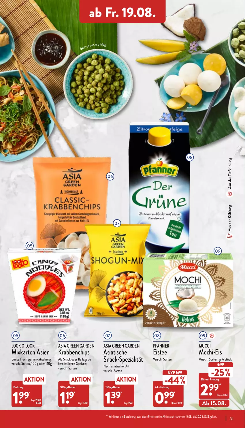 Aktueller Prospekt Aldi Nord - Aldi-Vorschau - von 15.08 bis 20.08.2022 - strona 31 - produkty: Asia Green Garden, aus der tiefkühlung, beutel, chips, eis, eistee, frucht, fruchtgummi, ilag, Mochi, pfanne, Pfanner, reis, snack, Spezi, tee, Ti, tisch