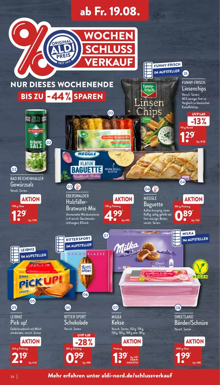 Aktueller Prospekt Aldi Nord - Aldi-Vorschau - von 15.08 bis 20.08.2022 - strona 34 - produkty: aldi, Bad, baguette, beutel, bratwurst, butter, chips, elle, funny-frisch, gewürz, gewürzsalz, Holz, kartoffel, kartoffelchips, keks, kekse, leibniz, linsen, mac, Mantel, meggle, milch, milka, Pick Up!, ritter, ritter sport, saft, salz, sandwich, schoko, schokolade, Sport, Sweetland, teller, Ti, wurst