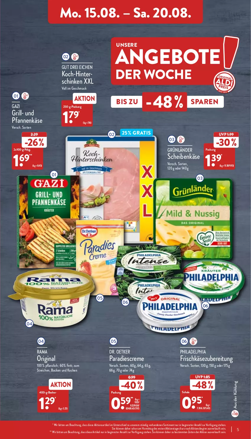 Aktueller Prospekt Aldi Nord - Aldi-Vorschau - von 15.08 bis 20.08.2022 - strona 5 - produkty: angebot, angebote, Becher, creme, Dr. Oetker, frischkäse, frischkäsezubereitung, gin, grill, grünländer, hinterschinken, Käse, mac, pfanne, pfannen, pfannenkäse, philadelphia, rama, Schal, Schale, schinken, Ti, und pfanne, ZTE