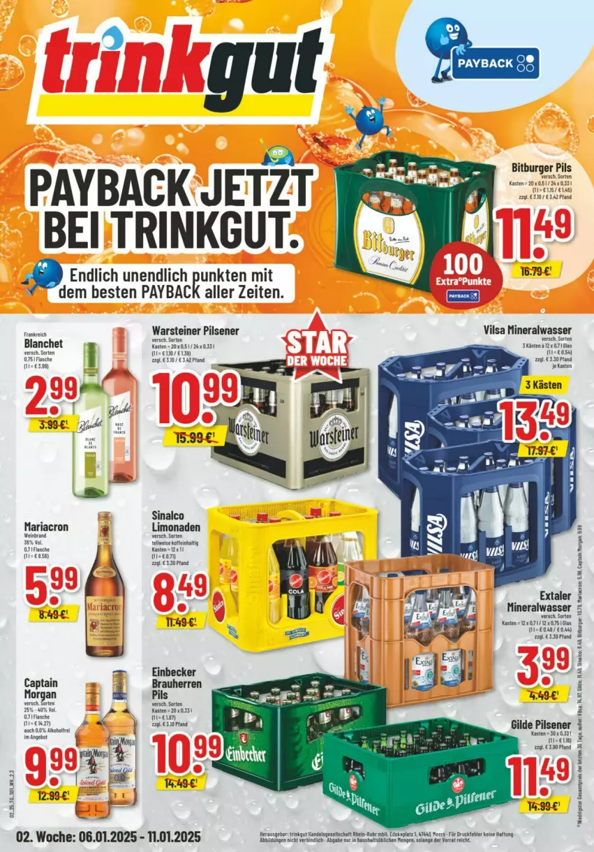 Aktueller Prospekt Trinkgut - Prospekte - von 05.01 bis 11.01.2025 - strona 1 - produkty: Alwa, arla, bitburger, bitburger pils, burger, Cap, eis, fisch, fische, flasche, limo, limonade, limonaden, mariacron, mineralwasser, payback, pils, pilsener, reis, Ria, sinalco, steiner, vilsa, warsteiner, wasser, wein, weine, ZTE