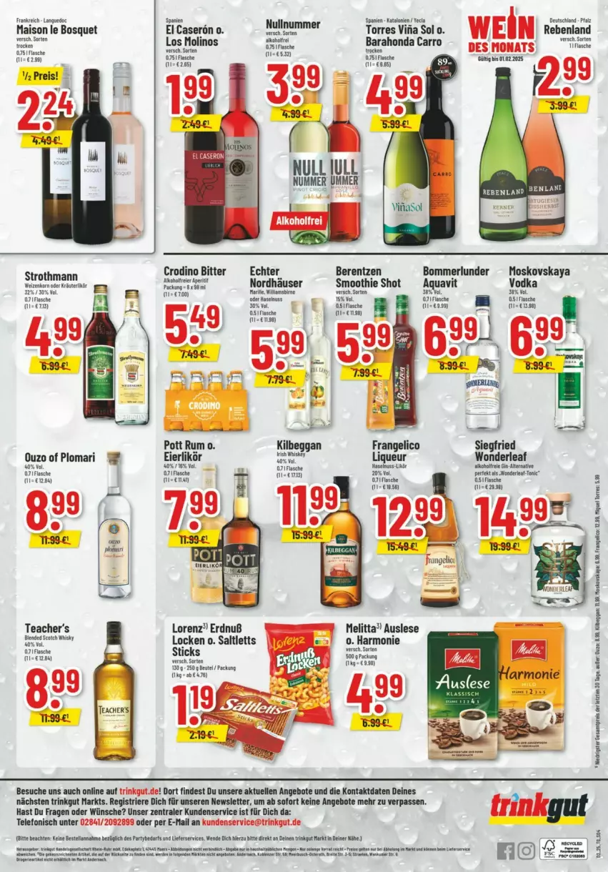 Aktueller Prospekt Trinkgut - Prospekte - von 05.01 bis 11.01.2025 - strona 4 - produkty: alkohol, angebot, angebote, aqua, aquavit, berentzen, eier, eierlikör, eis, elle, fisch, fische, flasche, gin, kilbeggan, likör, lorenz, mais, melitta, merl, moskovskaya, ouzo, reis, Ria, rum, saltletts, smoothie, telefon, Ti, tonic, vita