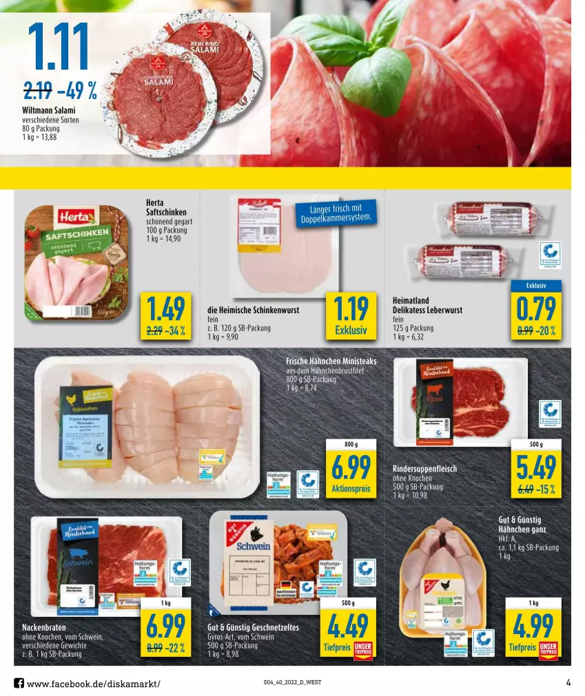 Aktueller Prospekt Diska - Prospekte - von 04.10 bis 08.10.2022 - strona 4 - produkty: aktionspreis, braten, brustfilet, eis, filet, Frische Hähnchen, geschnetzeltes, hähnchenbrust, hähnchenbrustfilet, herta, leberwurst, reis, saft, saftschinken, salami, schinken, schinkenwurst, steak, steaks, Ti, tiefpreis, wiltmann, wurst, Zelt