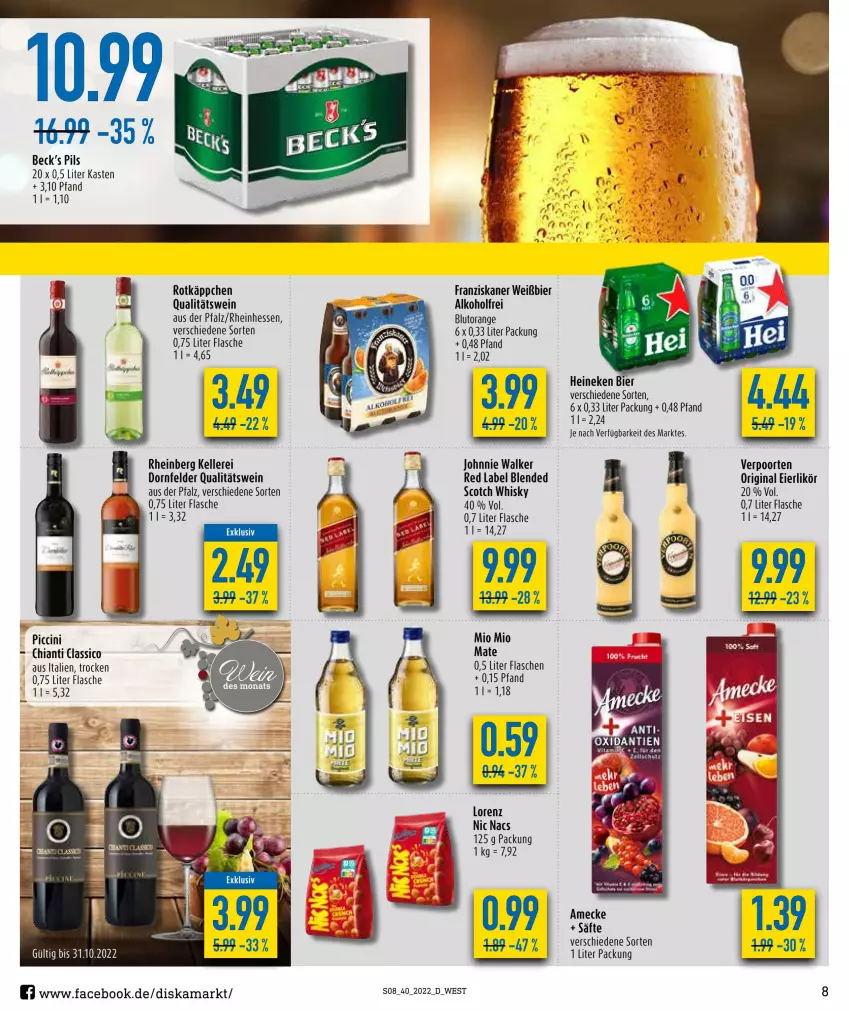 Aktueller Prospekt Diska - Prospekte - von 04.10 bis 08.10.2022 - strona 8 - produkty: alkohol, amecke, bier, Blutorange, chia, chianti, cin, classico, dornfelder, eier, eierlikör, elle, flasche, franziskaner, gin, heineken, johnnie walker, likör, lorenz, Mio Mio, orange, pils, qualitätswein, rotkäppchen, säfte, scotch, scotch whisky, Ti, verpoorten, wein, whisky