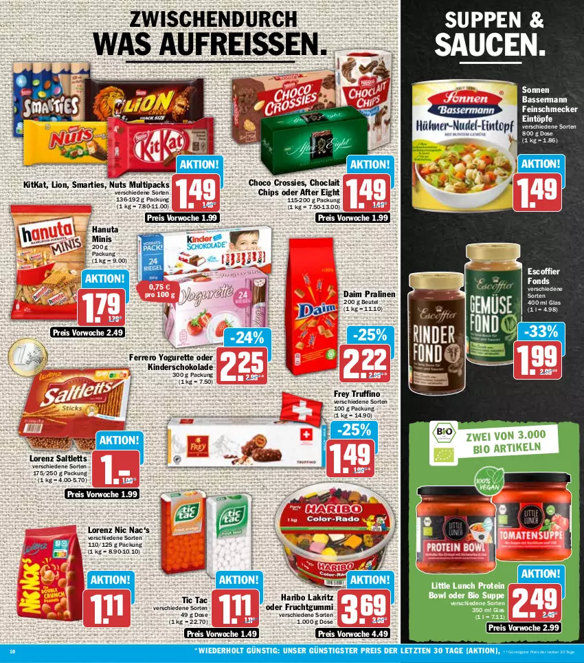 Aktueller Prospekt Hit - Prospekte - von 05.09 bis 10.09.2022 - strona 10 - produkty: after eight, beutel, bio, chips, choclait chips, choco crossies, crossies, daim, eintöpfe, eis, feinschmecker, ferrero, frucht, fruchtgummi, hanuta, haribo, Kinder, kitkat, Lakritz, lion, lorenz, pralinen, reis, reiss, saltletts, sauce, saucen, schoko, schokolade, smarties, suppe, suppen, Ti, Yo, yogurette, ZTE