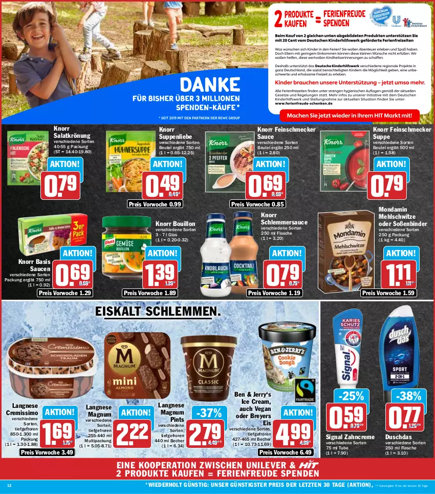 Aktueller Prospekt Hit - Prospekte - von 05.09 bis 10.09.2022 - strona 12 - produkty: Becher, beutel, creme, cremissimo, duschdas, eis, feinschmecker, flasche, knorr, langnese, langnese cremissimo, magnum, mehl, mondamin, reis, salat, salatkrönung, sauce, saucen, schlemmersauce, Signal, sim, Soße, suppe, suppen, suppenliebe, Ti, zahncreme, ZTE