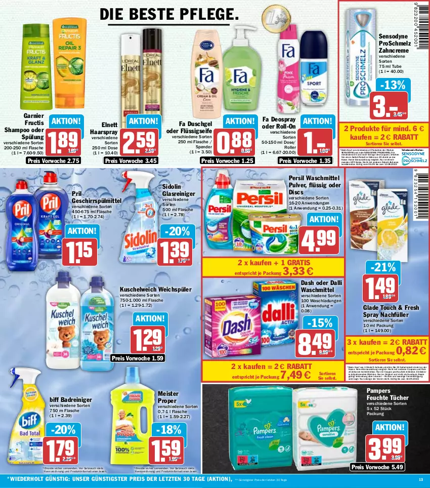 Aktueller Prospekt Hit - Prospekte - von 05.09 bis 10.09.2022 - strona 13 - produkty: Bad, biff, bio, Brei, coupon, coupons, creme, dalli, deo, deospray, duschgel, eis, elnett, fa duschgel, feuchte tücher, flasche, flüssigseife, fructis, garnier, geschirr, geschirrspülmittel, gin, Glade, Glasreiniger, haarspray, Kuschelweich, Meister, meister proper, pampers, persil, persil waschmittel, pril, Rauch, reiniger, reis, roll-on, Roller, rwe, Seife, sensodyne, shampoo, shampoo oder spülung, sidolin, sofort-rabatt, sofortrabatt, spülmittel, spülung, Ti, Tiere, tücher, waschmittel, weichspüler, zahncreme, ZTE