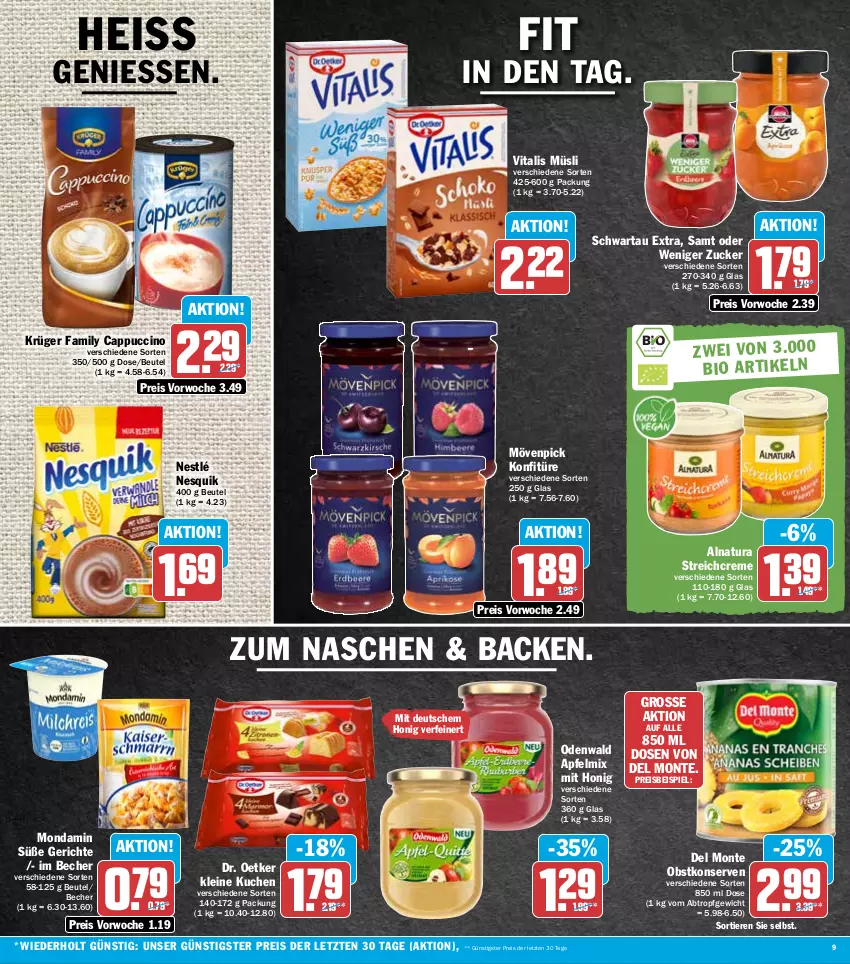 Aktueller Prospekt Hit - Prospekte - von 05.09 bis 10.09.2022 - strona 9 - produkty: apfel, Becher, beutel, Cap, cappuccino, cin, creme, Dr. Oetker, eis, honig, konfitüre, Konserven, krüger, kuchen, leine, mondamin, monte, mövenpick, müsli, natur, natura, nesquik, nestlé, obst, odenwald, reis, Schwartau, Ti, Tiere, vita, vitalis, vitalis müsli, ZTE, zucker