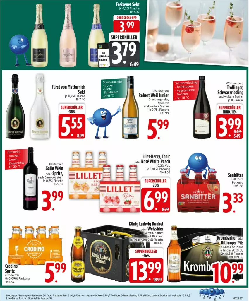 Aktueller Prospekt Edeka - Prospekte - von 02.06 bis 07.06.2025 - strona 23 - produkty: alkohol, bier, bitburger, bitburger pils, burger, burgunder, eis, flasche, freixenet, fürst von metternich, gallo, grauburgunder, krombache, krombacher, lillet, Mett, metternich, pils, reis, riesling, schwarzriesling, sekt, tonic, trolli, trollinger, wein, weissbier, ZTE