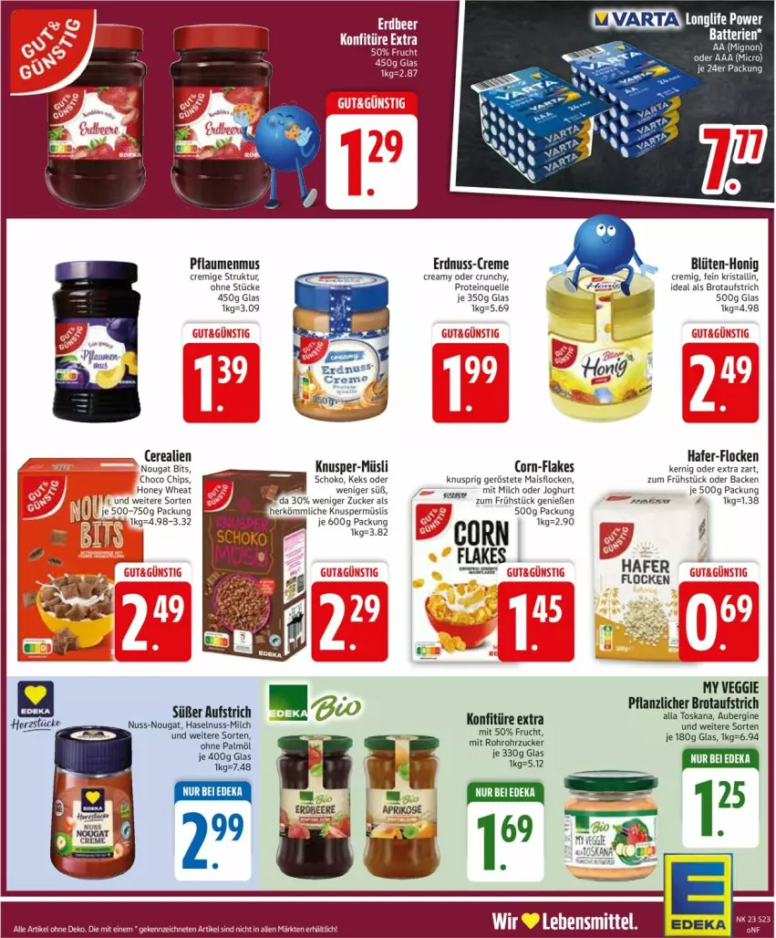 Aktueller Prospekt Edeka - Prospekte - von 02.06 bis 07.06.2025 - strona 25 - produkty: aubergine, aufstrich, batterie, batterien, Blüte, brot, brotaufstrich, cerealien, chips, creme, elle, erdnuss, flakes, frucht, gin, hafer, haselnuss, honig, joghur, joghurt, keks, knusper-müsli, Knuspermüsli, konfitüre, konfitüre extra, lebensmittel, mais, milch, müsli, nuss, pflaume, pflaumen, pflaumenmus, rohrzucker, schoko, Ti, varta, veggie, zucker
