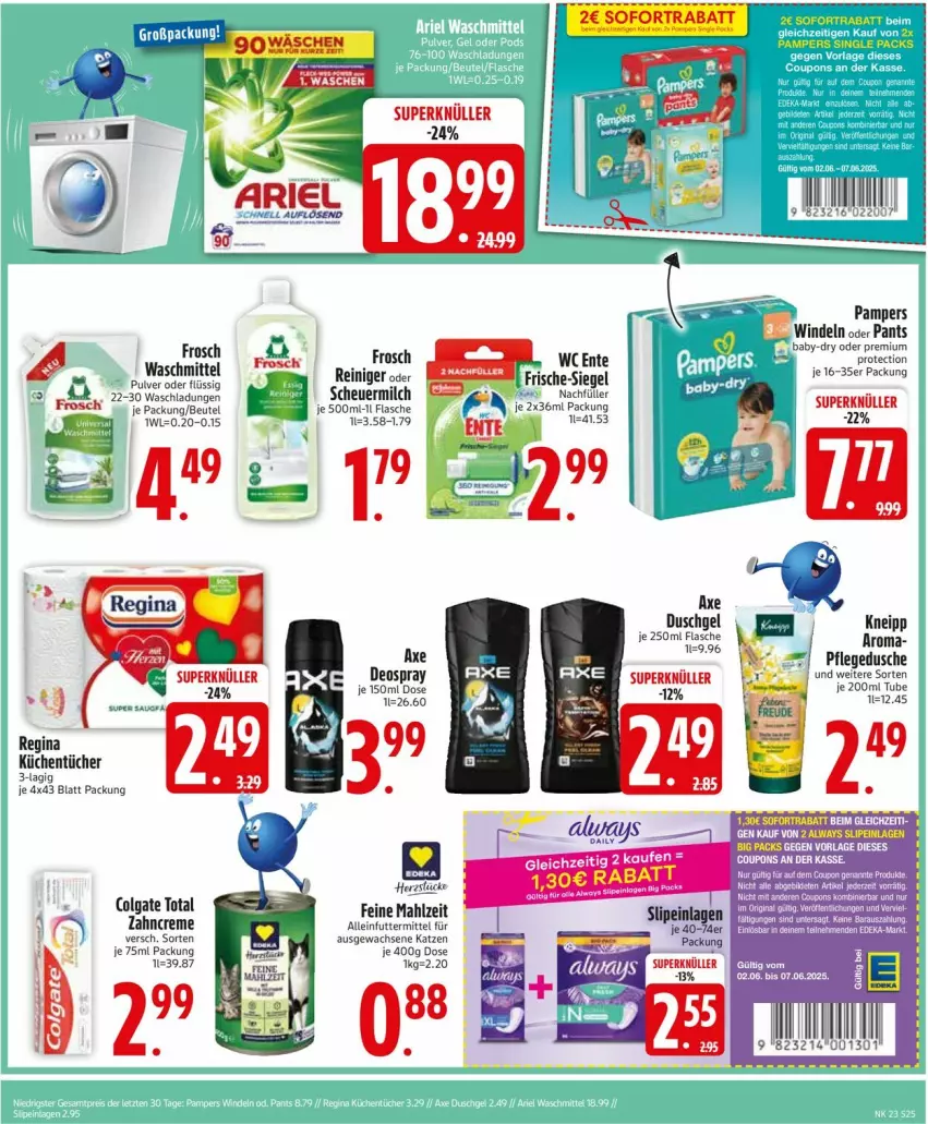 Aktueller Prospekt Edeka - Prospekte - von 02.06 bis 07.06.2025 - strona 27 - produkty: alleinfuttermittel, axe, axe duschgel, baby-dry, beutel, creme, deka, deo, deospray, dusche, duschgel, ente, flasche, Frosch, gin, Heu, kneipp, küche, Küchen, küchentücher, LG, milch, pampers, Pants, pflegedusche, rel, scheuermilch, tee, Ti, tücher, waschmittel, wc ente, windeln