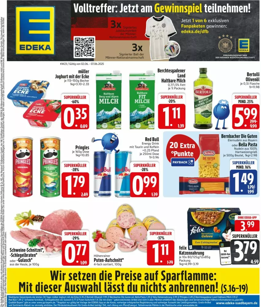 Aktueller Prospekt Edeka - Prospekte - von 02.06 bis 07.06.2025 - strona 3 - produkty: aufschnitt, ball, Becher, bernbacher, beutel, braten, deka, drink, eier, eiernudeln, eis, flasche, gulasch, haltbare milch, hartweizen, joghur, joghurt, joghurt mit der ecke, milch, Müller, nudel, nudeln, olive, oliven, olivenöl, pasta, pringles, pute, red bull, reis, ring, schwein, schweine, Ti, wein, weine
