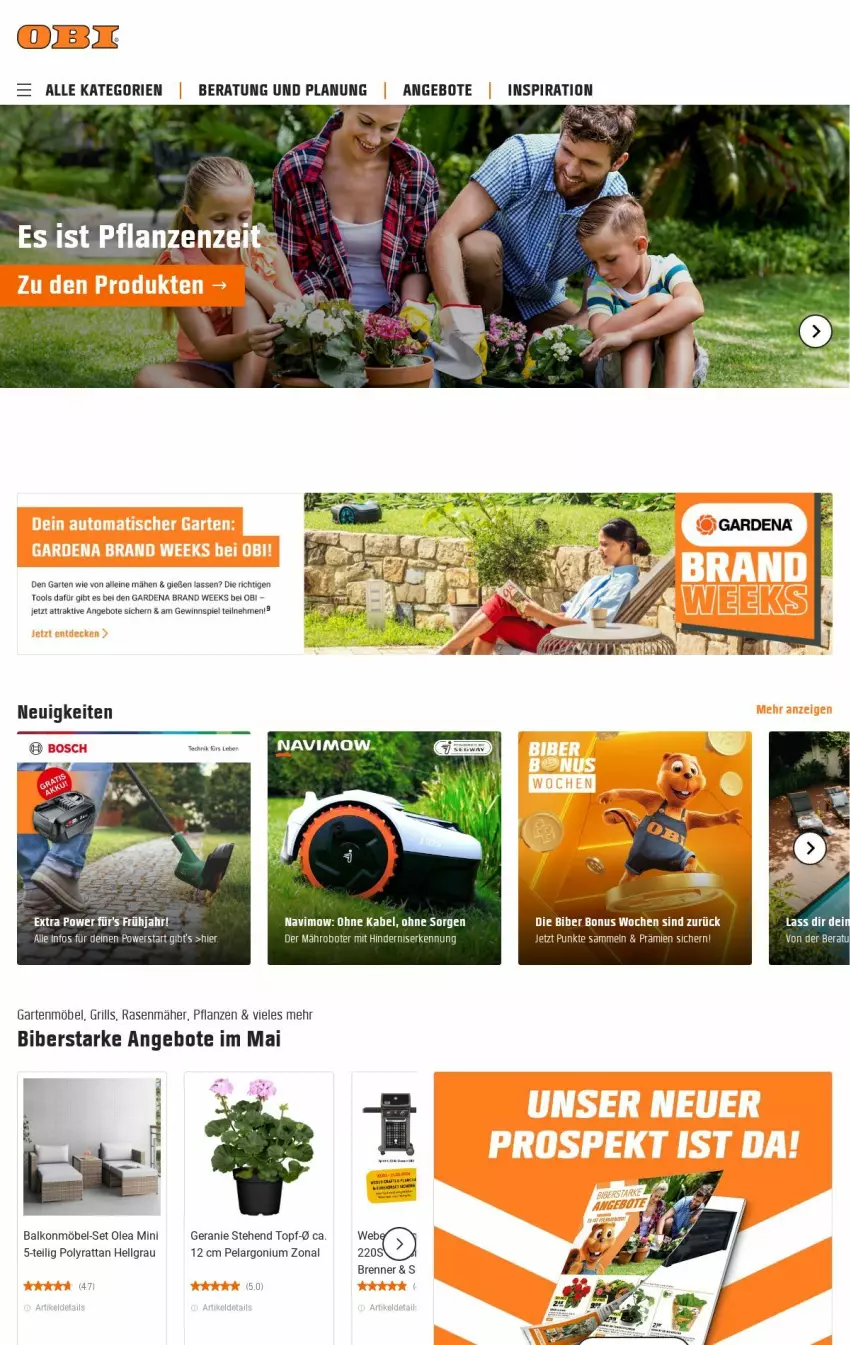 Aktueller Prospekt Obi - Prospekte - von 14.05 bis 22.05.2024 - strona 1 - produkty: angebot, angebote, gardena, Garten, gartenmöbel, geranie, gewinnspiel, grill, leine, LG, möbel, Pelargonium, pflanze, pflanzen, rasen, rasenmäher, Ti, topf