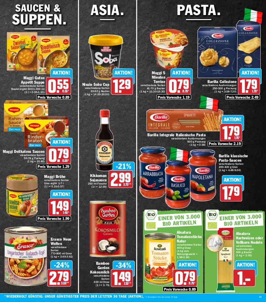 Aktueller Prospekt Hit - Prospekte - von 29.08 bis 03.09.2022 - strona 11 - produkty: bamboo, barilla, Becher, beutel, Brühe, delikatess sauce, eis, erasco, flasche, hartweizen, italienische pasta, kikkoman, kokos, kokosmilch, korn, maggi, milch, natur, natura, Nissin, nudel, nudeln, pasta, pasta-sauce, reis, sauce, saucen, soja, sojasauce, suppe, suppen, terrine, Ti, tomate, tomaten, Tomatenstücke, ZTE