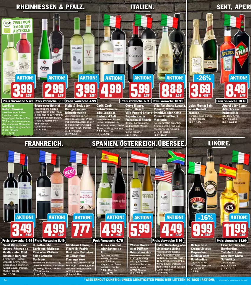 Aktueller Prospekt Hit - Prospekte - von 29.08 bis 03.09.2022 - strona 14 - produkty: aldi, aperol, asti, aust, baileys, Berger, bio, chia, chianti, cin, eier, eierlikör, eis, ente, finesse, flasche, frucht, früchte, früchten, gallo, Germ, henkel, henkell, Henkell Trocken, irish cream, jules mumm, kräuter, kräuterlikör, licor, licor 43, likör, liqueur, mumm, nederburg, passo, primitivo, rebsortenweine, reis, Ria, rosato, rum, sahne, sekt, Ti, tisch, verpoorten, wein, weine, Wild, zonin, ZTE