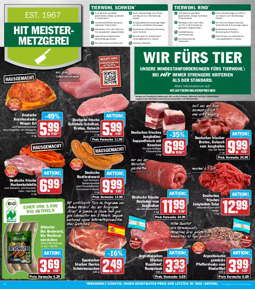 Aktueller Prospekt Hit - Prospekte - von 29.08 bis 03.09.2022 - strona 4 - produkty: auer, Bau, Bauer, beef, bio, braten, bratwurst, Brühe, curry, currywurst, eis, ente, filet, fleisch, Geflügel, gewürz, gulasch, jungbullen, kotelett, Meister, monitor, nackenkoteletts, natur, pfeffer, pflaume, pflaumen, pute, reis, Ria, ricotta, rind, rinder, rinderfilet, ring, roastbeef, rostbratwurst, rouladen, rum, rumpsteak, sauce, Schal, Schale, schinken, schinkenschnitzel, schnitten, schnitzel, schwein, schweine, schweinenacken, schweinerücken, Spezi, spitzenqualität, Sport, steak, steaks, suppe, suppen, suppenfleisch, Ti, Tiere, tisch, wein, weine, wurst, würstchen, ZTE