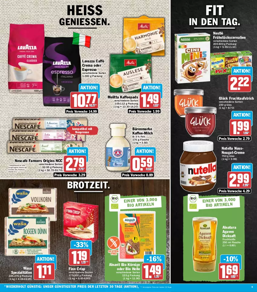 Aktueller Prospekt Hit - Prospekte - von 29.08 bis 03.09.2022 - strona 9 - produkty: agaven, aufstrich, bärenmarke, bio, brot, caffè crema, cerealien, creme, dicksaft, eis, elle, espresso, flasche, frucht, fruchtaufstrich, gin, kaffee, kaffeepads, lavazza, melitta, milch, natur, natura, Nescafé, nespresso, nestlé, nuss, nutella, oder espresso, reis, saft, Spezi, Ti, wasa, ZTE