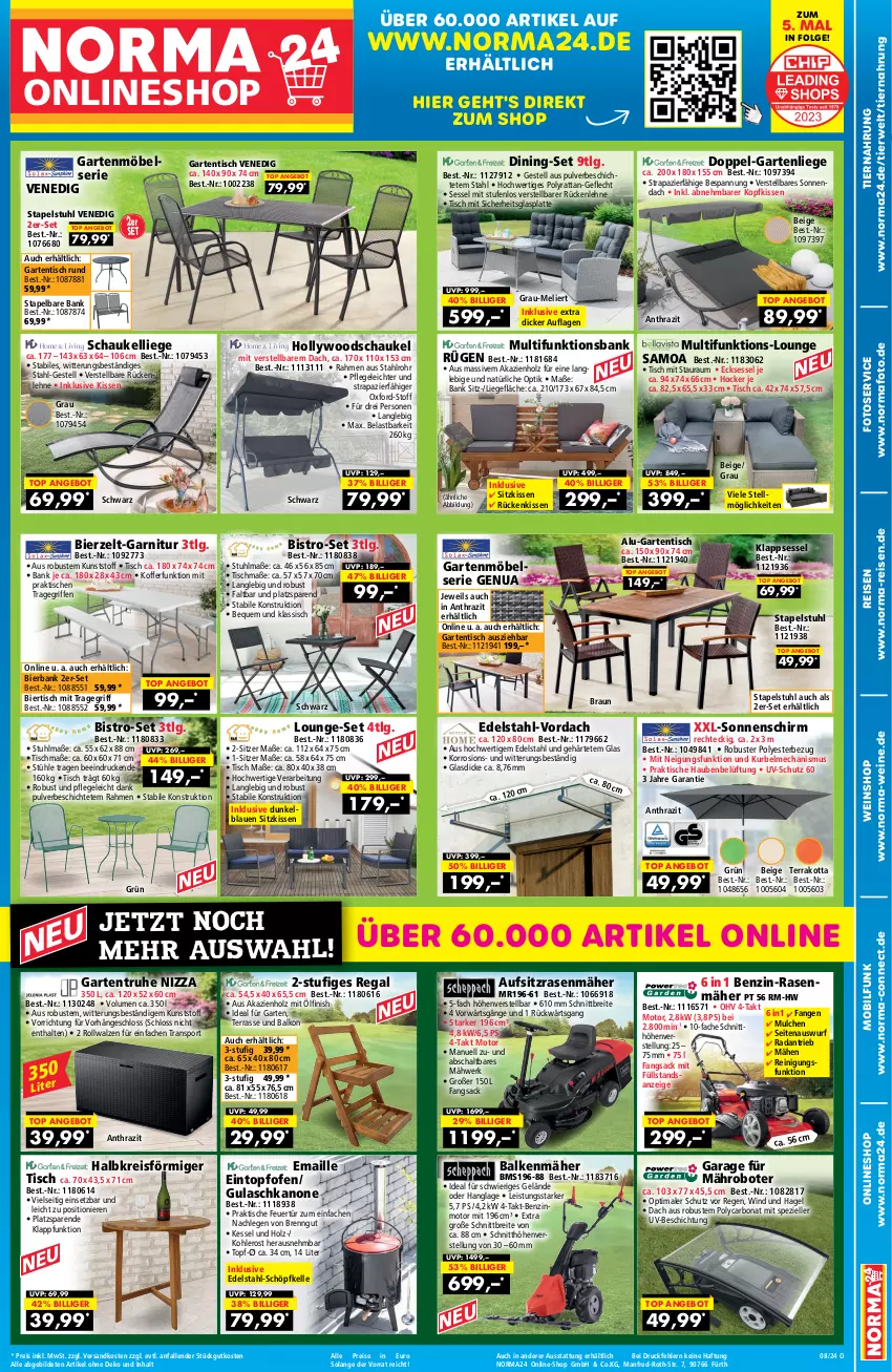 Aktueller Prospekt Norma - Norma - von 08.02 bis 25.02.2024 - strona 1 - produkty: angebot, Bank, bier, Bona, braun, Brei, edelstahl, eintopf, eis, elle, Finish, garnitur, Garten, gartenliege, gartenmöbel, gartentisch, Gartentruhe, glasplatte, gulasch, hocker, hollywoodschaukel, Holz, kissen, klappsessel, koffer, kopfkissen, latte, LG, Liege, lounge-set, mähroboter, maille, möbel, ndk, Ofen, rasen, rasenmäher, regal, Reinigung, reis, Rückenkissen, rückenlehne, rwe, sac, Schal, Schaukel, Schaukelliege, sessel, sitzkissen, sonnenschirm, Spezi, Sport, stapelstuhl, stuhl, Stühl, Ti, tiernahrung, tisch, topf, tragegriff, wein, weine, weinshop, Zelt