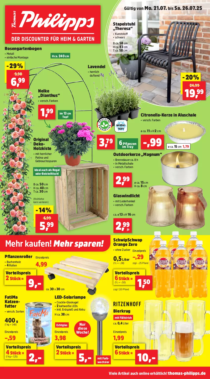 Aktueller Prospekt Thomas Philipps - von 21.07 bis 26.07.2025 - strona 1 - produkty: akku, arla, auer, beistelltisch, bier, buch, eis, Garten, gin, Glaskugel, henkel, Holz, katzenfutter, kerze, Kugel, Lampe, lavendel, leds, magnum, orange, pflanze, pflanzen, Rauch, regal, reis, resa, Roller, rosen, Schal, Schale, solarlampe, stapelstuhl, stuhl, Ti, tisch, topf, vorteilspreis, windlicht, zucker