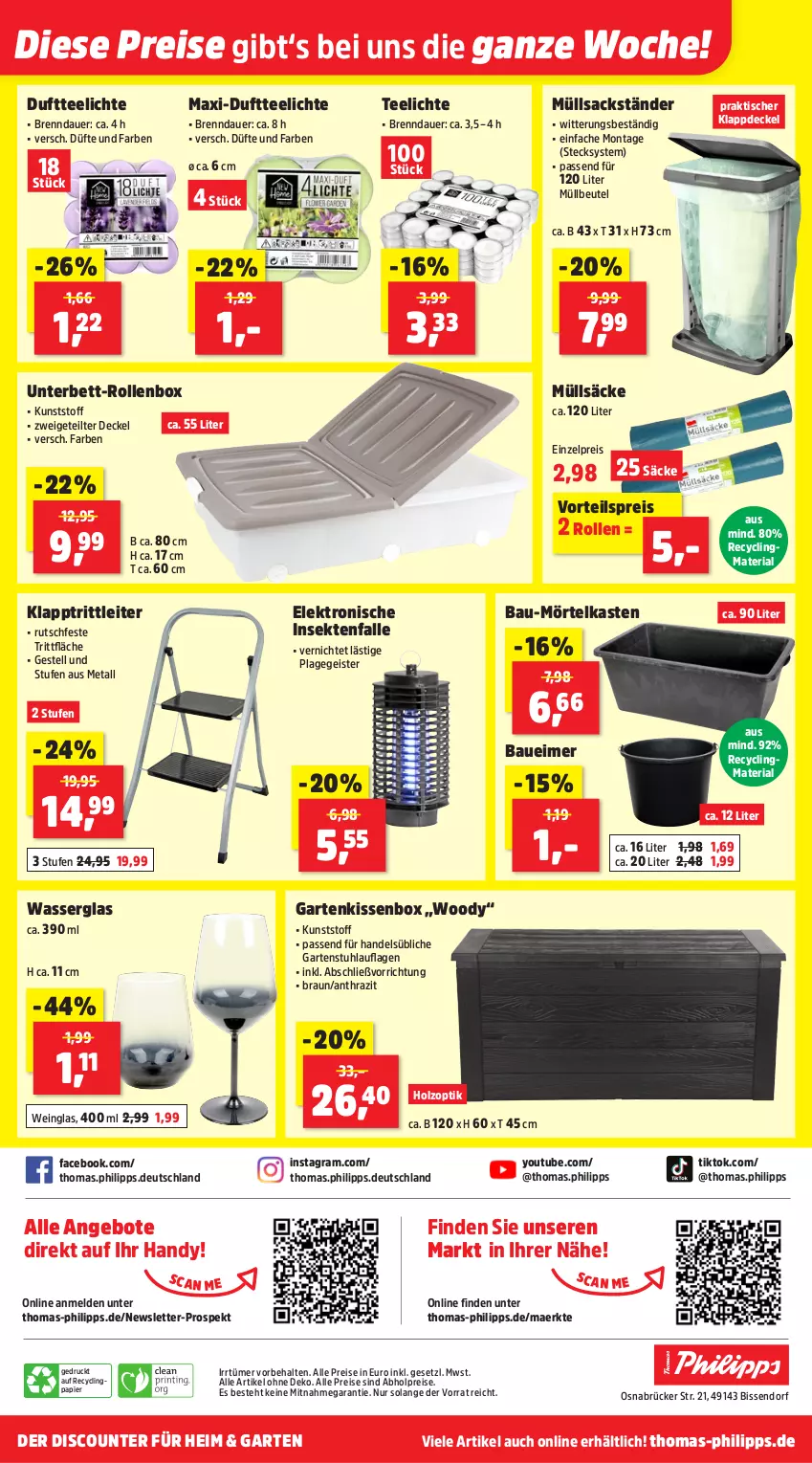 Aktueller Prospekt Thomas Philipps - von 21.07 bis 26.07.2025 - strona 10 - produkty: abholpreise, alle preise sind abholpreise, angebot, angebote, auer, Bau, Baueimer, bett, beutel, braun, Clin, decke, Deckel, discount, Duftteelichte, eimer, eis, Elektro, Garten, gartenstuhl, Handy, Holz, kissen, klapptritt, müllbeutel, papier, recyclingmaterial, reis, Ria, Rollenbox, sac, sekt, stuhl, tee, Teelicht, teelichte, Ti, tisch, vorteilspreis, wasser, wein, Yo