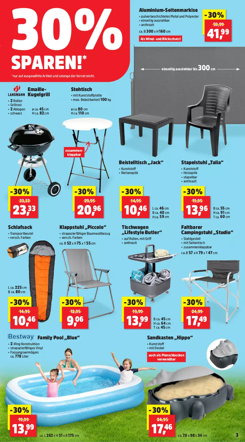Aktueller Prospekt Thomas Philipps - von 21.07 bis 26.07.2025 - strona 3 - produkty: Bau, beistelltisch, beutel, campingstuhl, decke, Deckel, eis, family pool, grill, grillrost, hipp, Holz, klappstuhl, Kugel, kugelgrill, latte, LG, maille, ndk, planschbecken, pool, ring, rwe, sac, Sandkasten, schlafsack, Seitenmarkise, Sport, stapelstuhl, stuhl, Ti, tisch