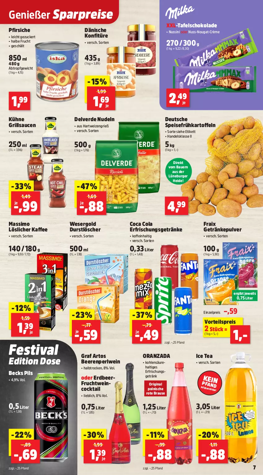 Aktueller Prospekt Thomas Philipps - von 21.07 bis 26.07.2025 - strona 7 - produkty: auer, Bau, Bauer, becks, beere, beeren, brause, burger, cocktail, cola, durstlöscher, eis, erde, erfrischungsgetränk, frucht, Frühkartoffeln, getränk, getränke, getränkepulver, gin, grill, grillsauce, hartweizen, ice tea, kaffee, kartoffel, kartoffeln, konfitüre, Kühne, löslicher kaffee, nudel, nudeln, nuss, pfirsich, pfirsiche, pils, reis, sauce, saucen, schoko, schokolade, sim, speisefrühkartoffeln, tafelschokolade, Ti, vorteilspreis, wein, zucker