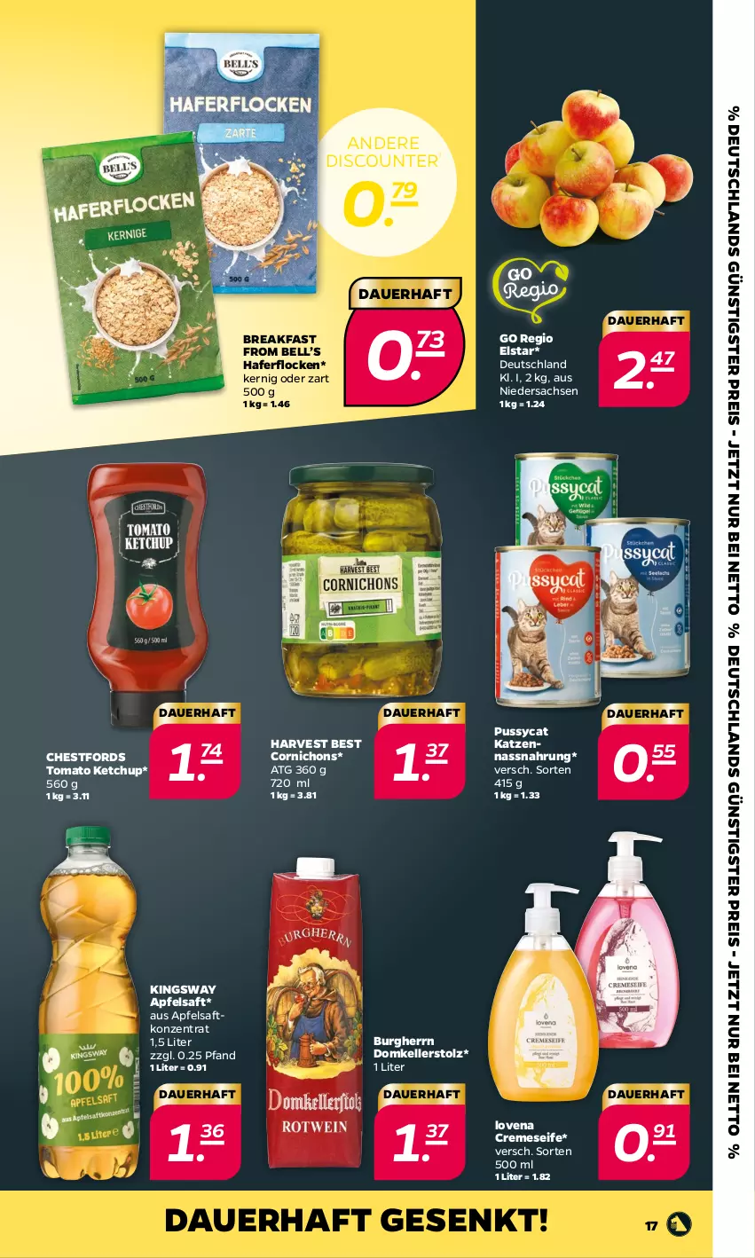 Aktueller Prospekt Netto - Woche 24 - von 12.06 bis 17.06.2023 - strona 17 - produkty: apfel, apfelsaft, auer, creme, cremeseife, discount, eis, elle, gsw, hafer, haferflocken, ketchup, Nassnahrung, reis, sac, saft, Seife, Ti, tomato ketchup