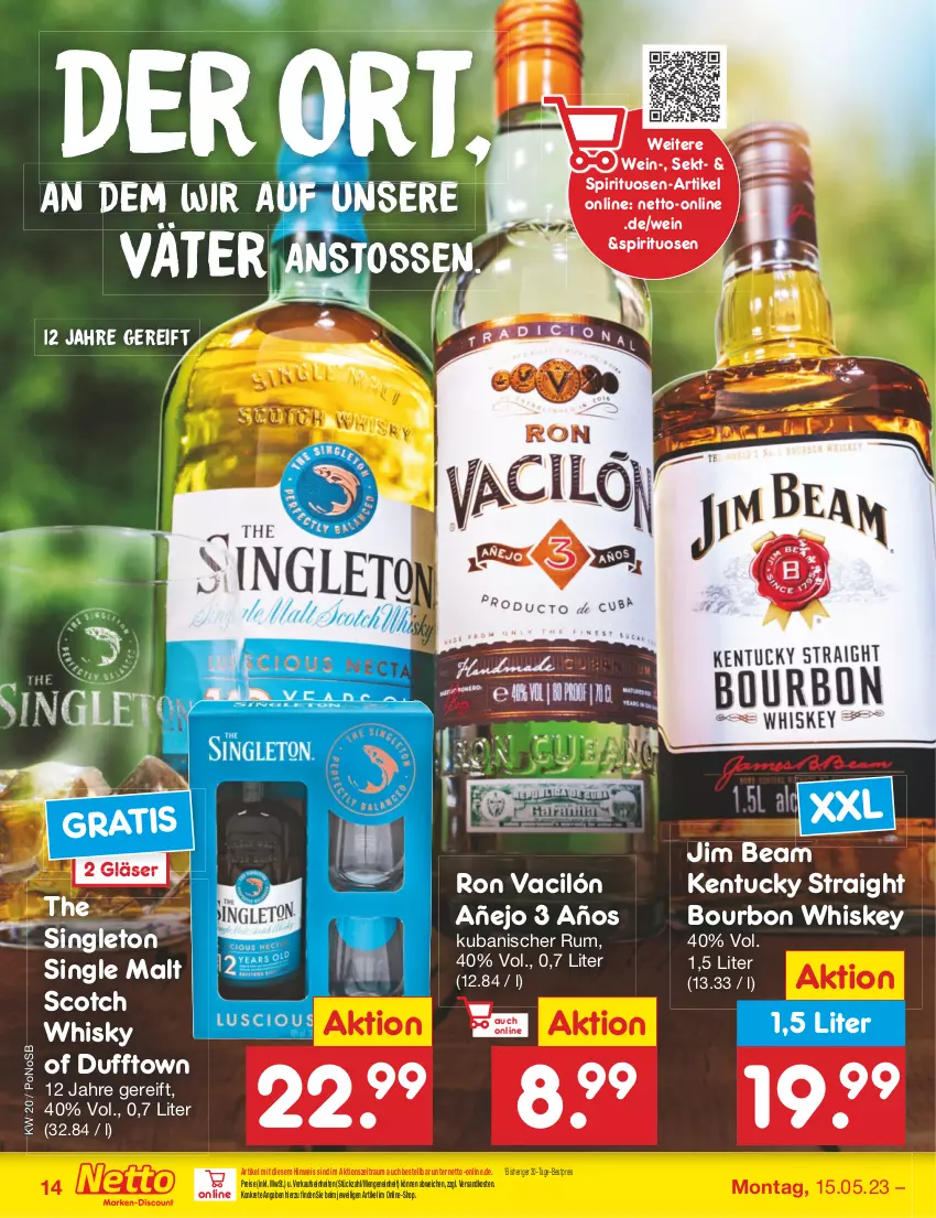 Aktueller Prospekt Netto Marken-Discount - Filial-Angebote - von 15.05 bis 20.05.2023 - strona 14 - produkty: bestpreis, bourbon, bourbon whiskey, eis, Gläser, jim beam, kentucky straight, ndk, reis, rum, scotch, scotch whisky, sekt, single malt, spirituosen, Ti, tuc, wein, whiskey, whisky