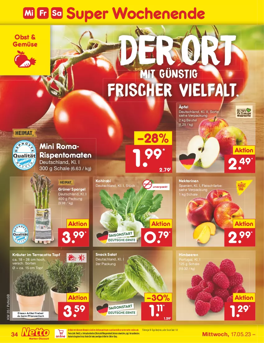 Aktueller Prospekt Netto Marken-Discount - Filial-Angebote - von 15.05 bis 20.05.2023 - strona 34 - produkty: asti, beere, beeren, bestpreis, beutel, eis, fleisch, grüner spargel, himbeer, himbeere, himbeeren, kohlrabi, kräuter, ndk, Nektar, nektarinen, obst, pflanze, pflanzen, reis, rispentomaten, salat, Schal, Schale, snack, spargel, Ti, tisch, tomate, tomaten, topf, zentis