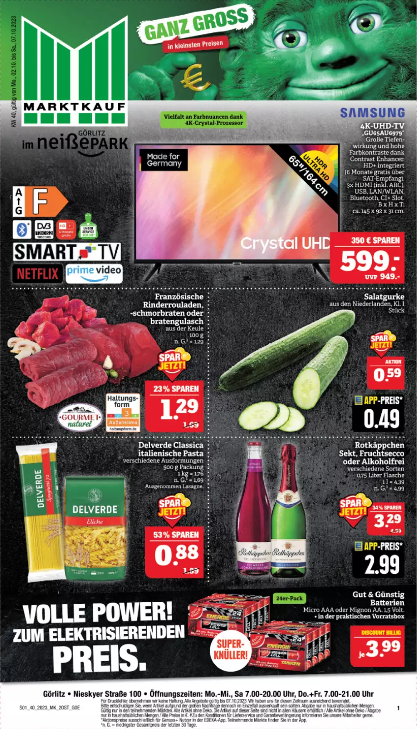 Aktueller Prospekt Marktkauf - Prospekt - von 01.10 bis 07.10.2023 - strona 1 - produkty: braten, ecco, eis, erde, flasche, frucht, fruchtsecco, Germ, gulasch, gurke, HDMI, italienische pasta, pasta, reis, rind, rinder, Rinderroulade, rinderrouladen, rotkäppchen, rouladen, salat, Salatgurke, sekt, Ti, tisch, usb