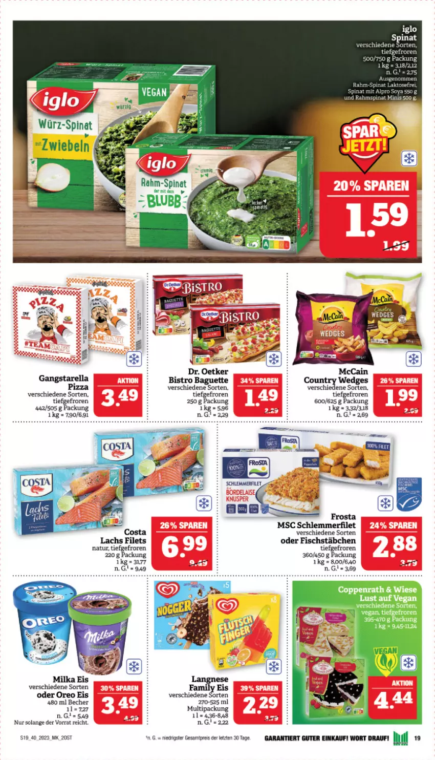 Aktueller Prospekt Marktkauf - Prospekt - von 01.10 bis 07.10.2023 - strona 19 - produkty: baguette, Becher, Bistro Baguette, coppenrath, eis, filet, filets, fisch, fischstäbchen, lachs, natur, oreo, pizza, rahm-spinat, reis, rel, schlemmerfilet, spinat, Ti, wedges, ZTE