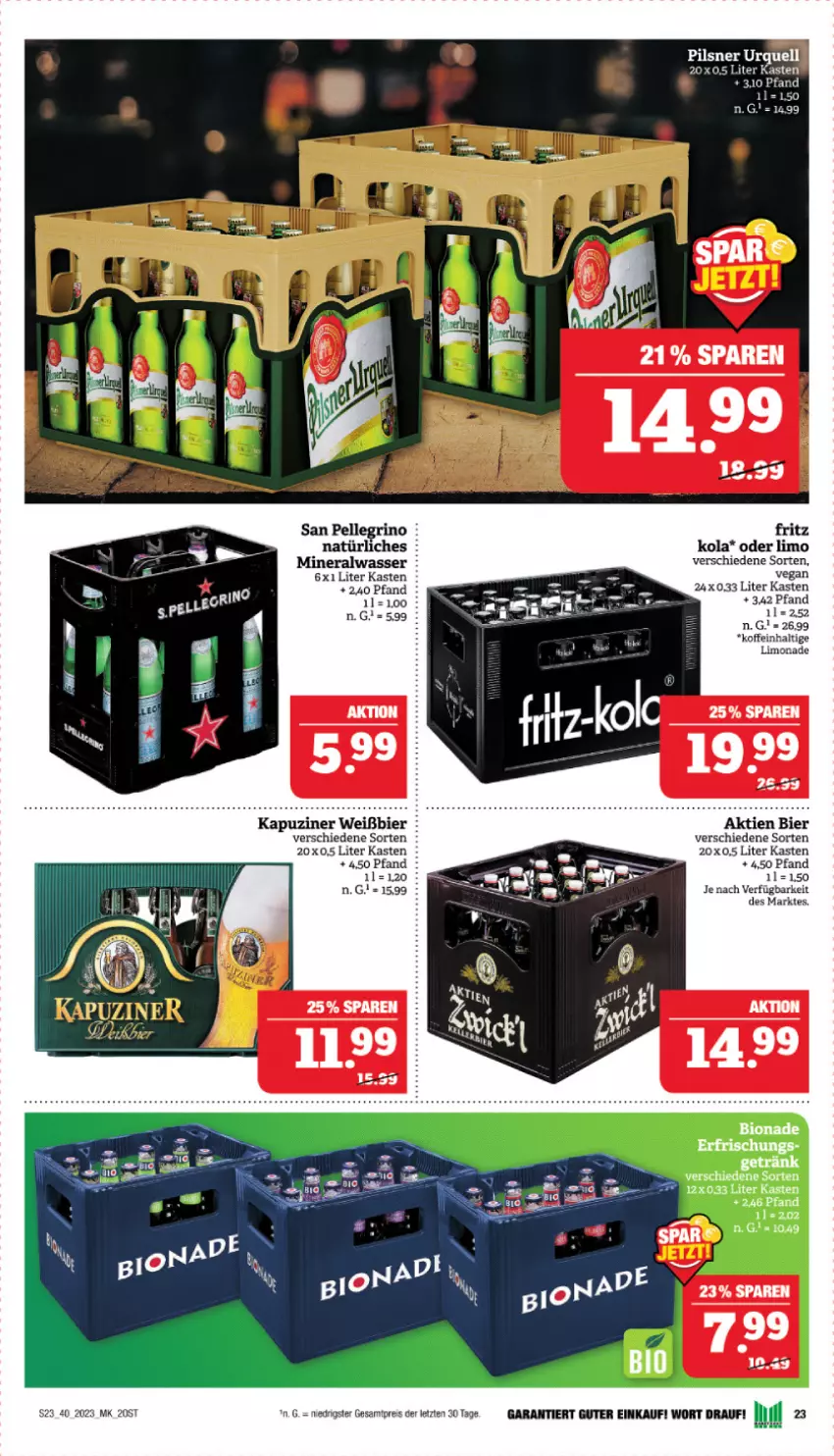 Aktueller Prospekt Marktkauf - Prospekt - von 01.10 bis 07.10.2023 - strona 23 - produkty: Alwa, bier, eis, elle, limo, limonade, mineralwasser, pils, pilsner, pilsner urquell, reis, san pellegrino, Ti, wasser, ZTE